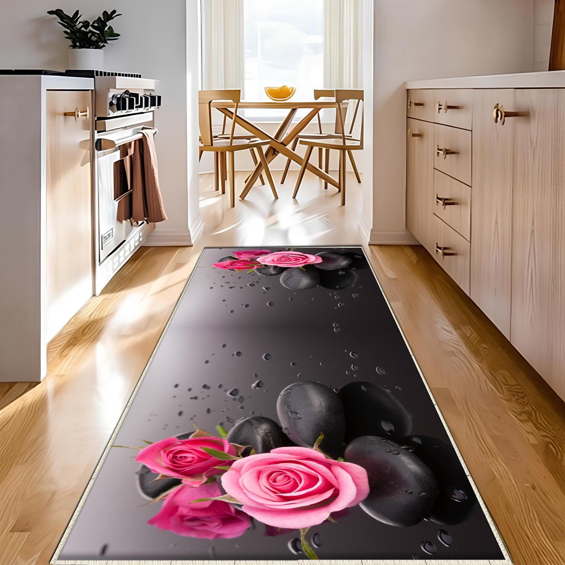 Pink Roses Spa Stone Kitchen Runner Rug - Washable, Non-Slip Floor Mat & Modern Home Decor