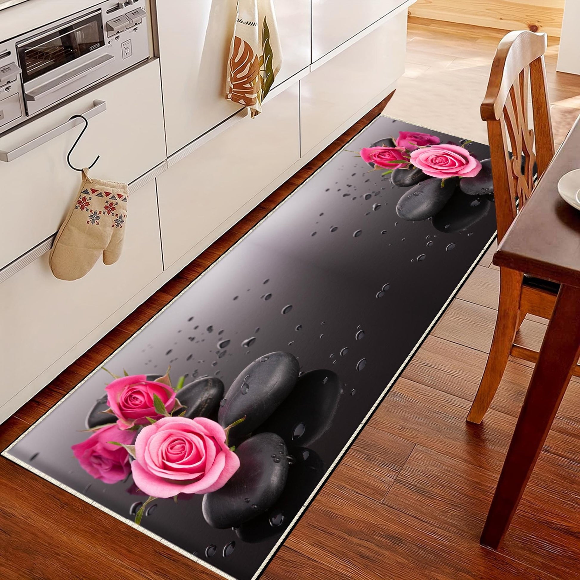 Pink Roses Spa Stone Kitchen Runner Rug - Washable, Non-Slip Floor Mat & Modern Home DecorPink Roses Spa Stone Kitchen Runner Rug - Washable, Non-Slip Floor Mat & Modern Home Decor