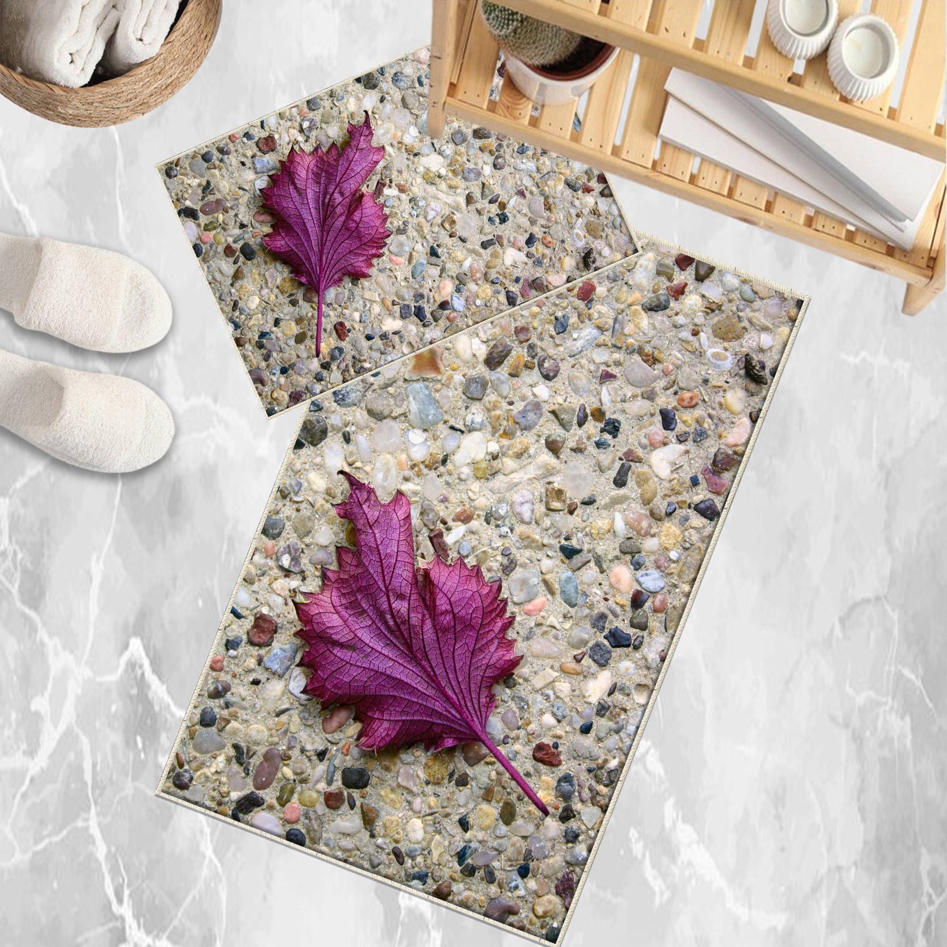 Stone Purple Leaf Bathroom Rug - Floral Non Slip Bath Mat, Quick Dry Washable Toilet Mat, Soft Modern Bathroom Decor