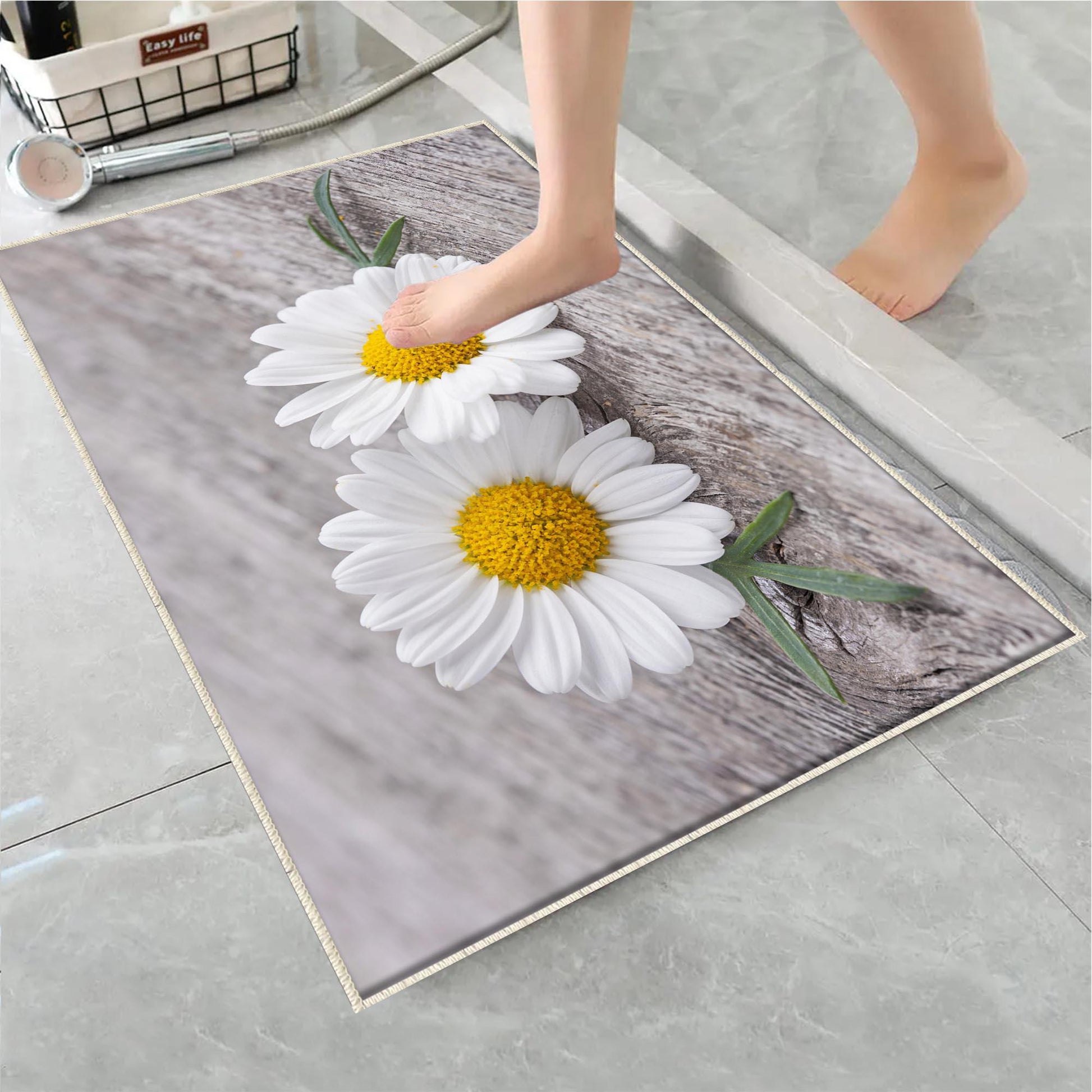 Daisy Flowers Gray Bathroom Rug - Floral Non Slip Bath Mat, Quick Dry Washable Toilet Mat, Soft Modern Bathroom Decor