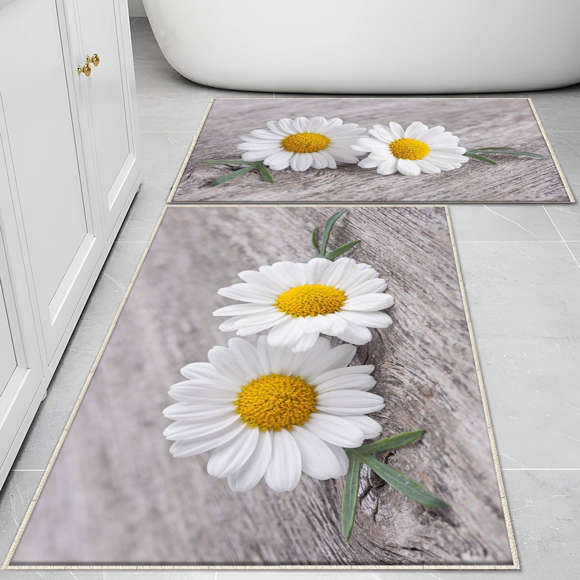 Daisy Flowers Gray Bathroom Rug - Floral Non Slip Bath Mat, Quick Dry Washable Toilet Mat, Soft Modern Bathroom Decor