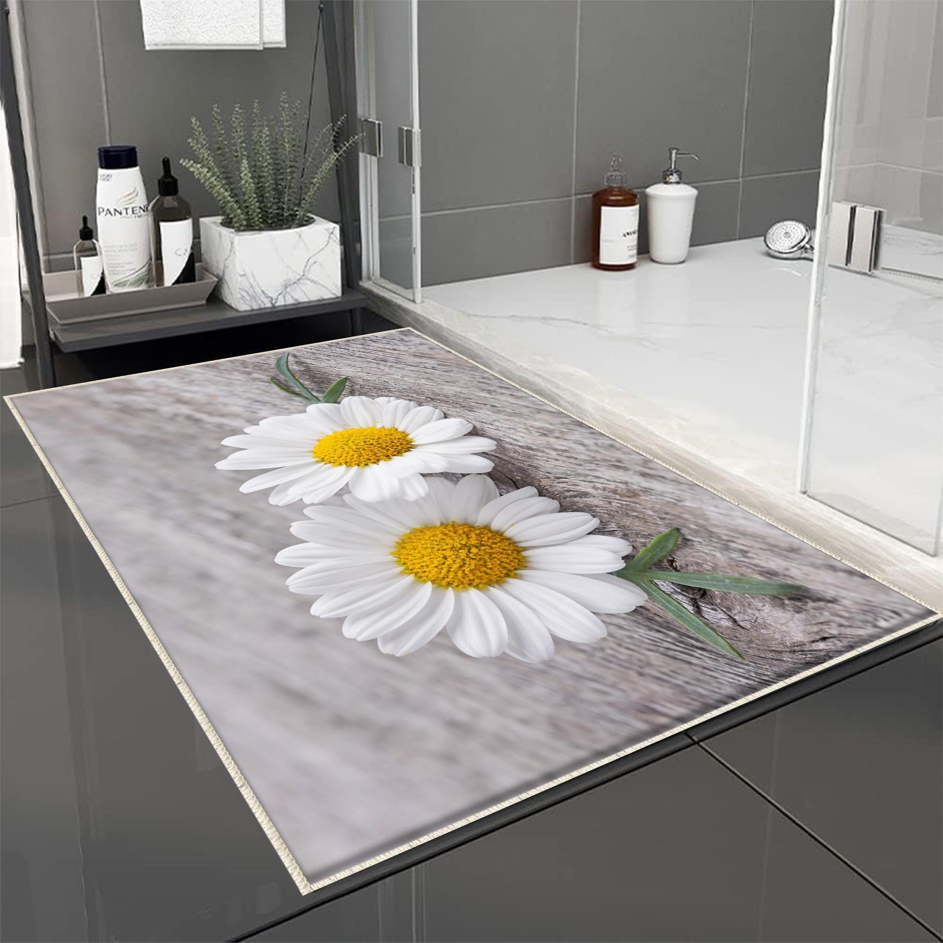Daisy Flowers Gray Bathroom Rug - Floral Non Slip Bath Mat, Quick Dry Washable Toilet Mat, Soft Modern Bathroom Decor