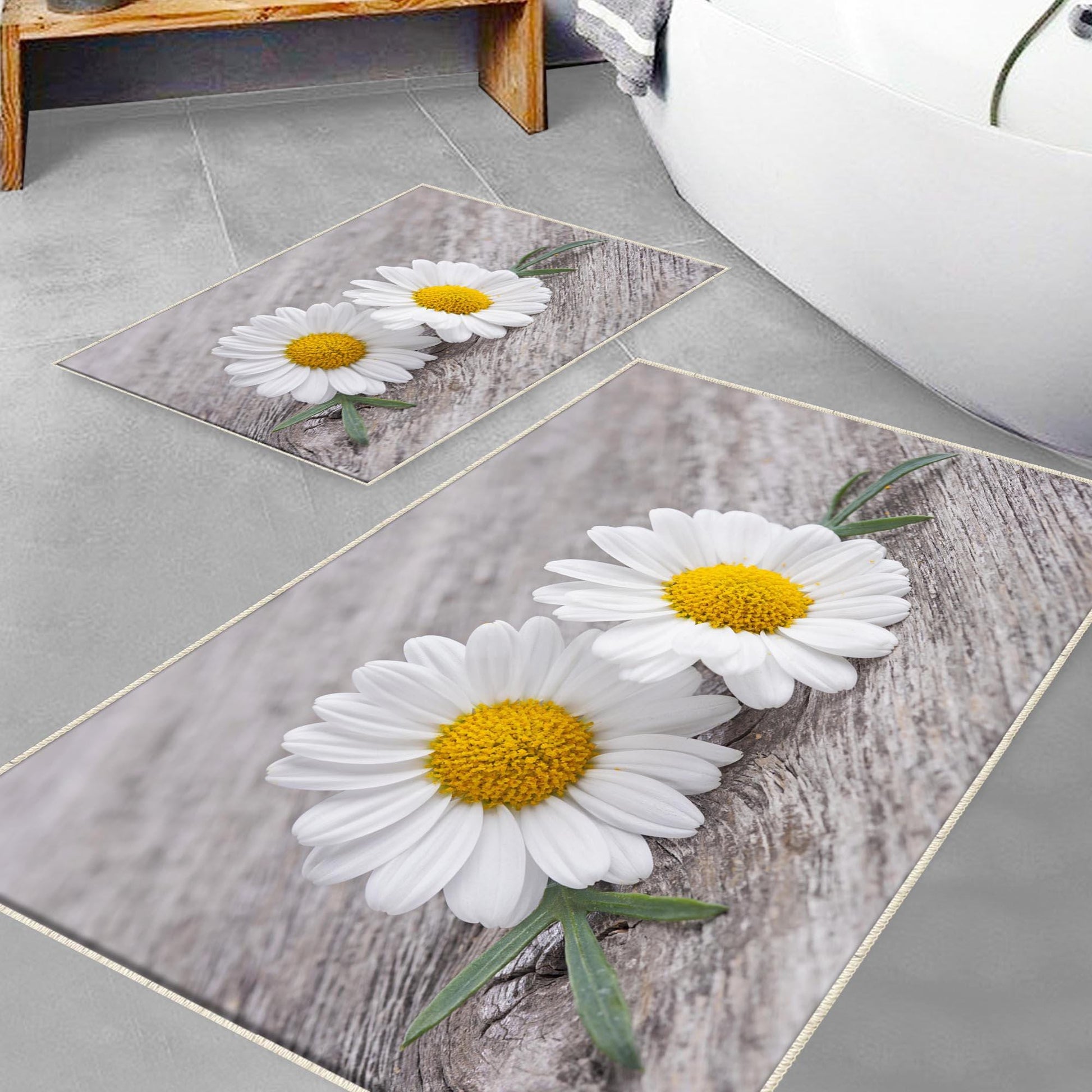 Daisy Flowers Gray Bathroom Rug - Floral Non Slip Bath Mat, Quick Dry Washable Toilet Mat, Soft Modern Bathroom Decor