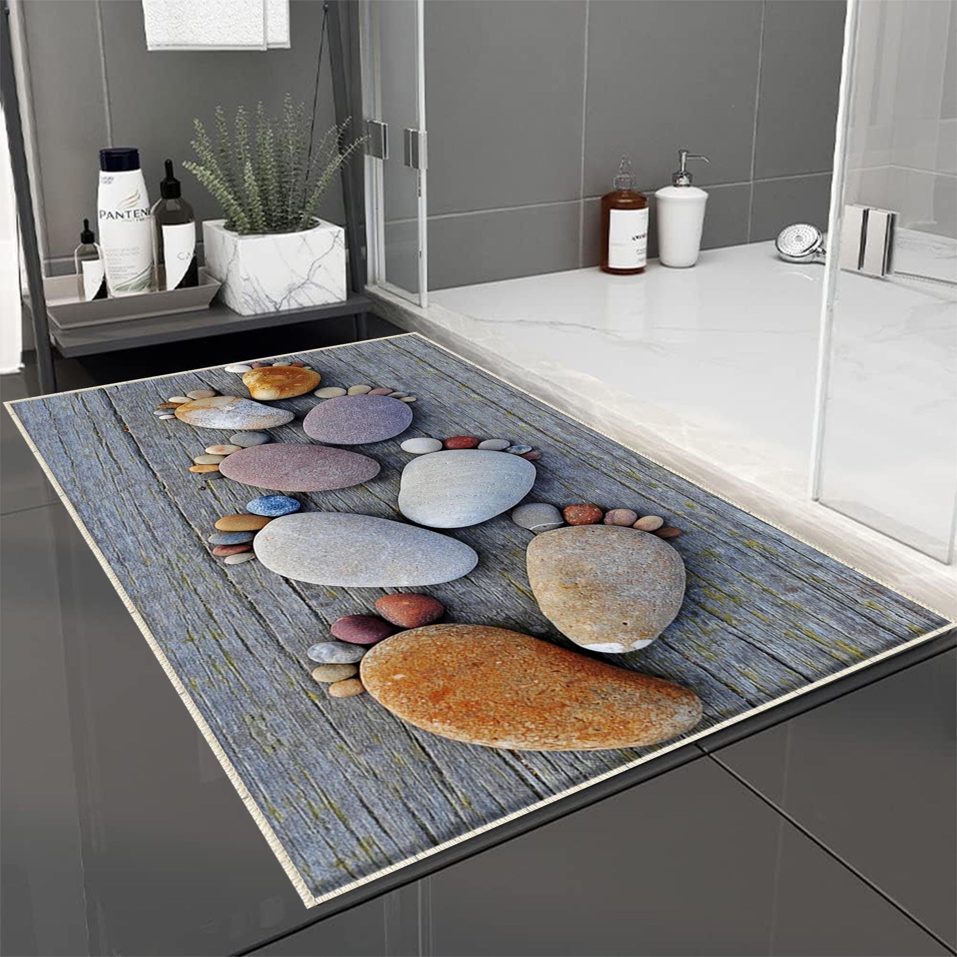 Gray Foot Stones Bathroom Rug - Non Slip Bath Mat, Quick Dry Washable Toilet Mat, Soft Modern Bathroom Decor