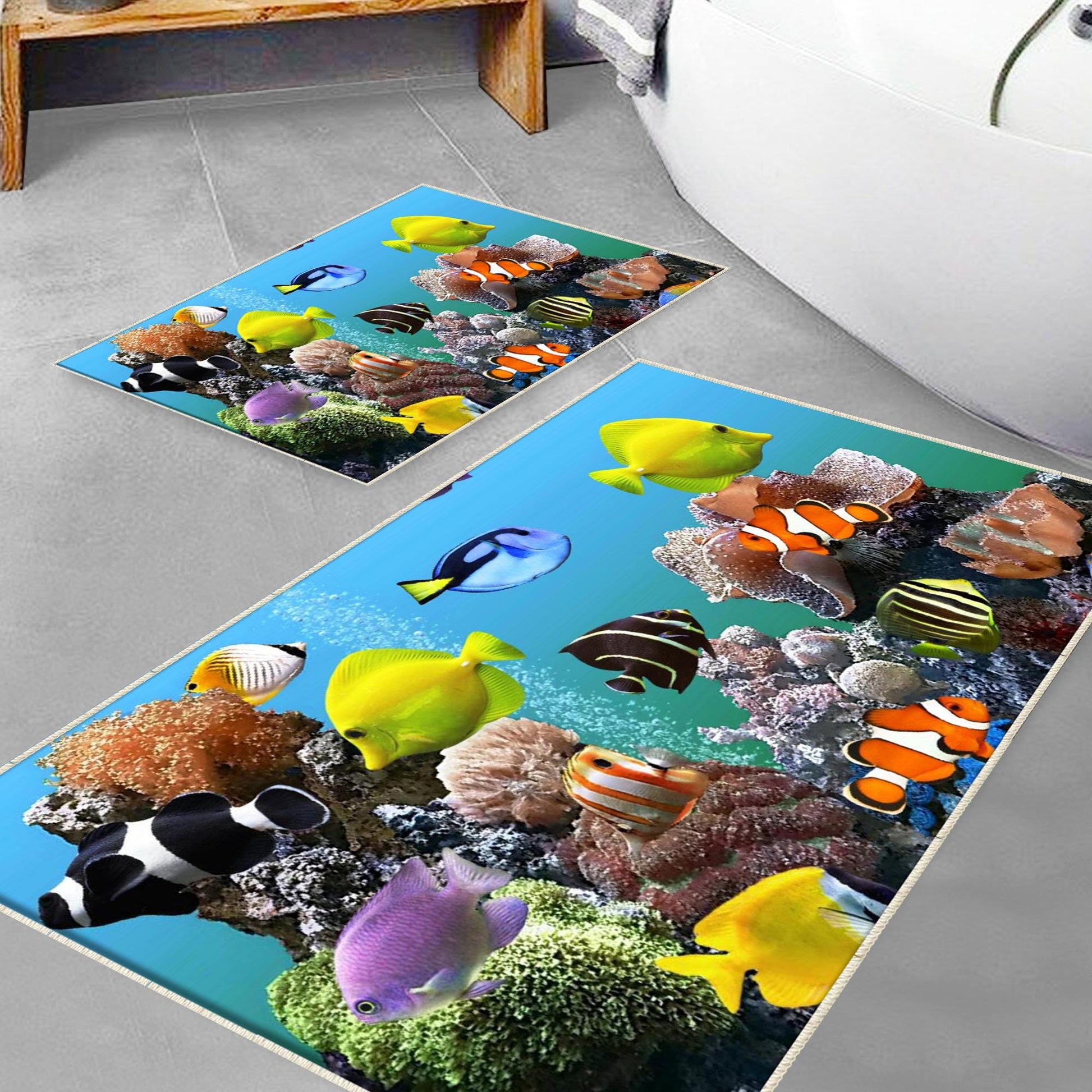 Colorful Tropical Fishes Bathroom Rug - Under Sea Non Slip Bath Mat, Quick Dry Washable Toilet Mat, Soft Modern Bathroom Decor