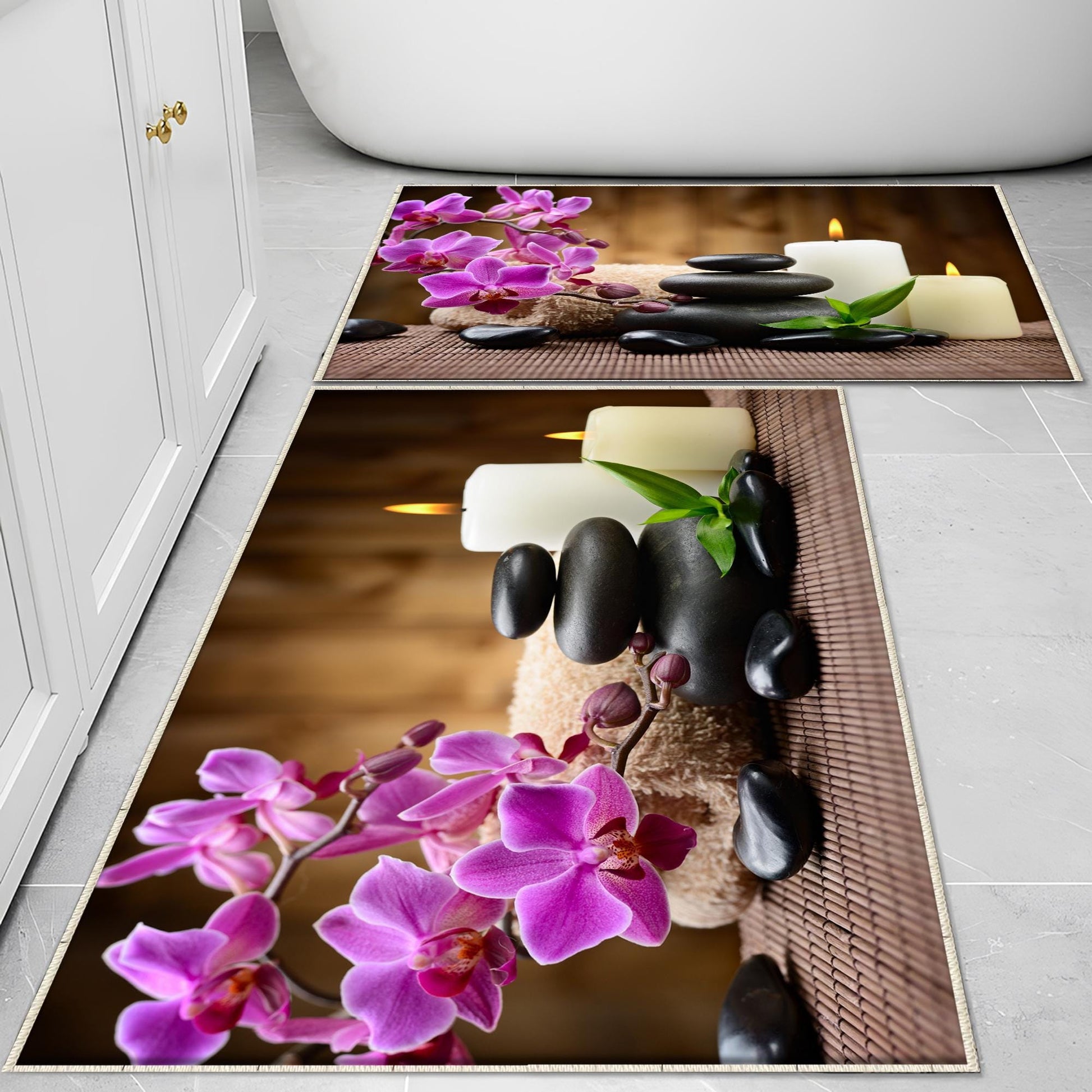 Spa Candles Purple Flowers Bathroom Rug - Floral Non Slip Bath Mat, Quick Dry Washable Toilet Mat, Soft Modern Bathroom Decor