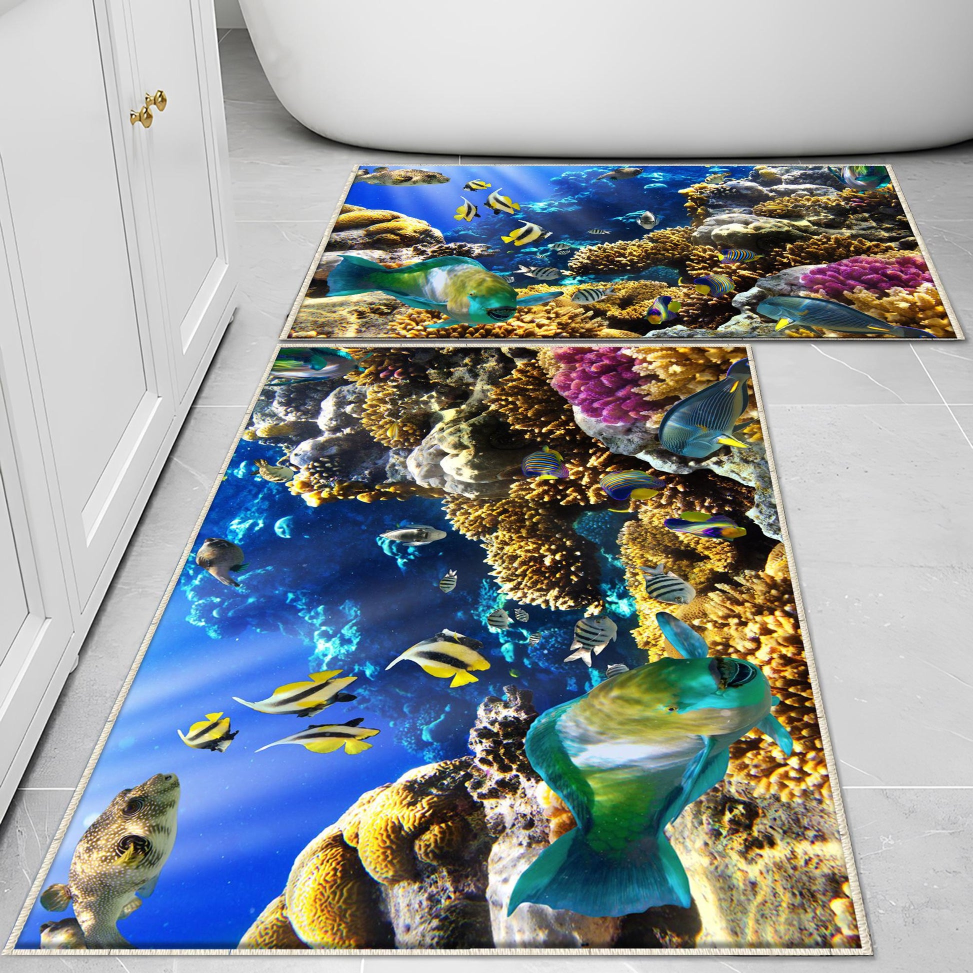 Under Sea Fishes Bathroom Rug - Tropical Aquarium Non Slip Bath Mat, Quick Dry Washable Toilet Mat, Soft Modern Bathroom Decor