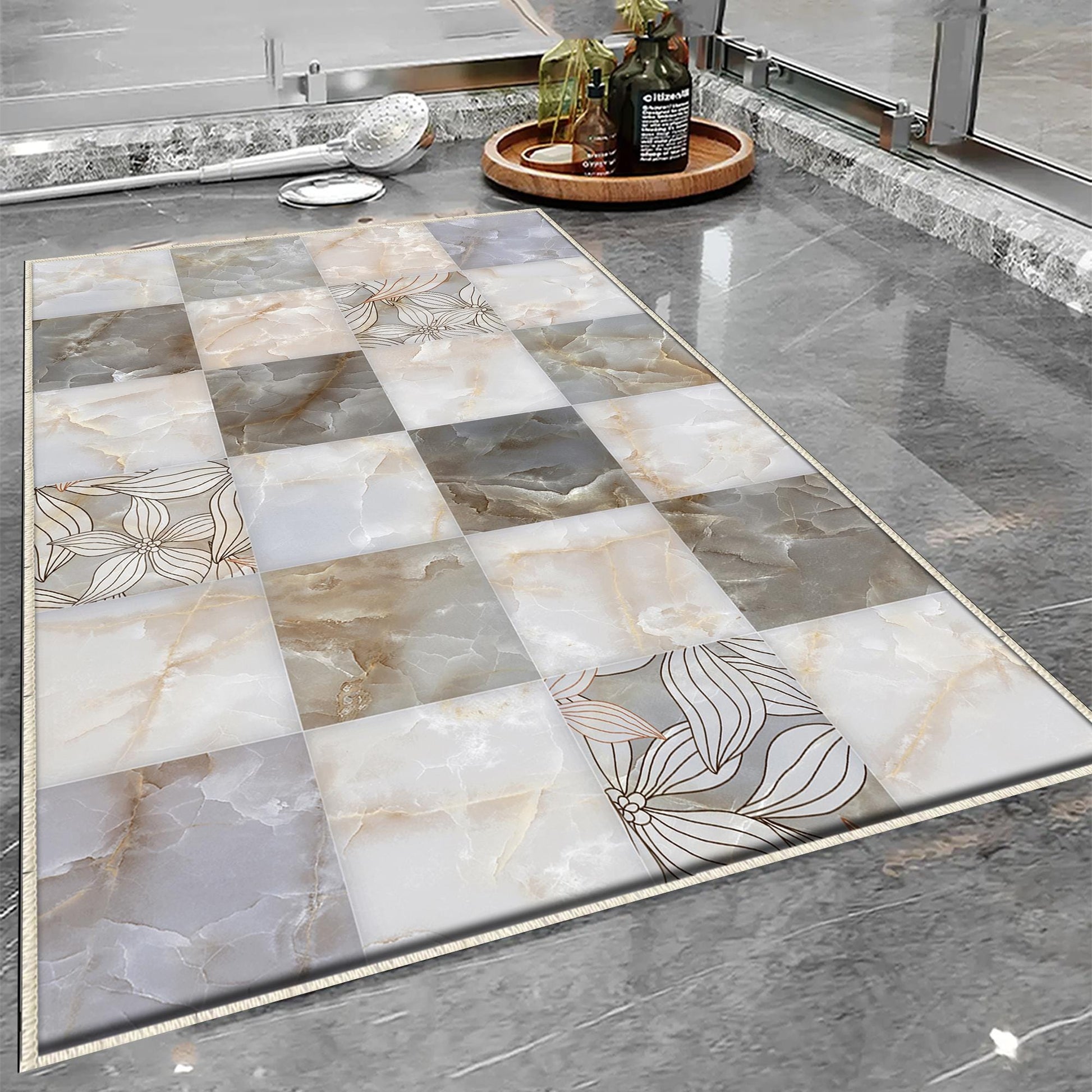 Gray Marble Stones Tiles Bathroom Rug - Non Slip Bath Mat, Quick Dry Washable Toilet Mat, Soft Modern Bathroom Decor