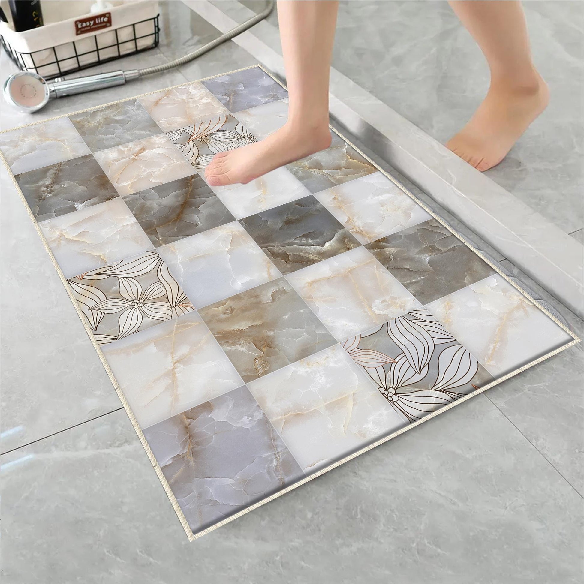 Gray Marble Stones Tiles Bathroom Rug - Non Slip Bath Mat, Quick Dry Washable Toilet Mat, Soft Modern Bathroom Decor