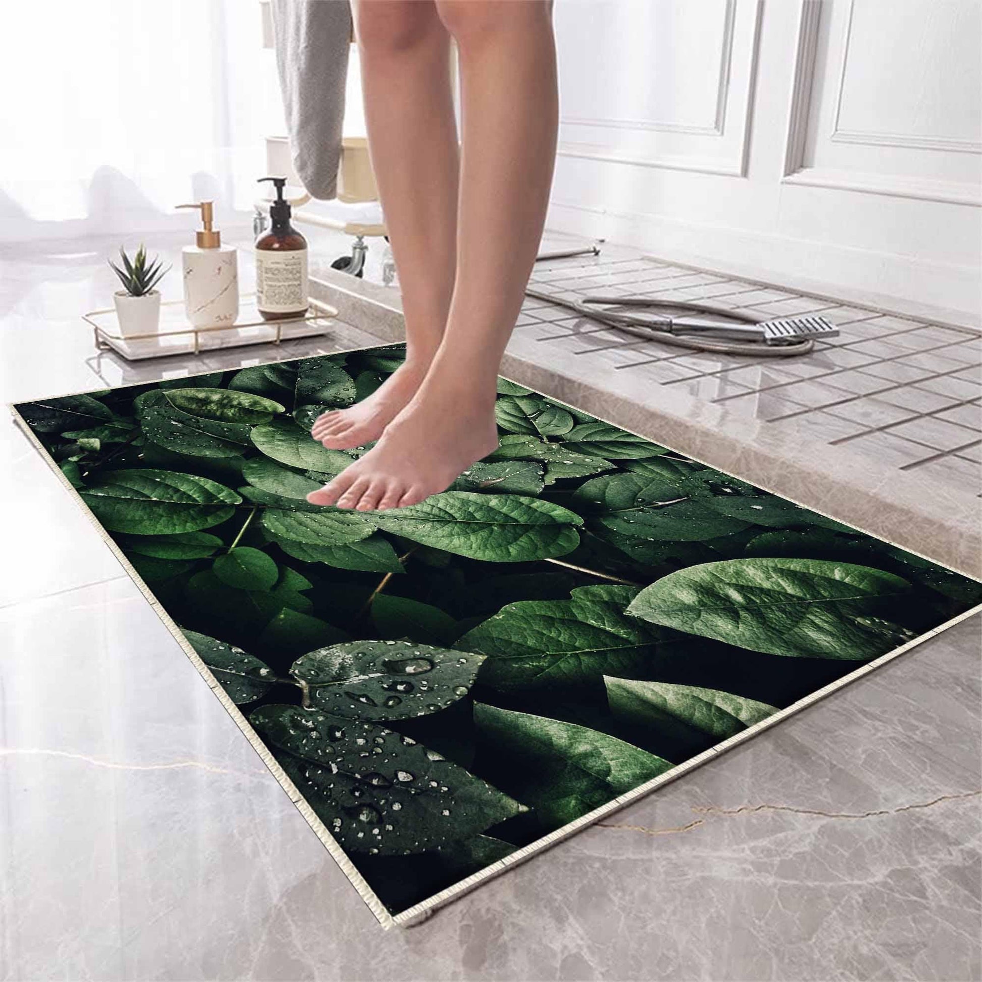 Green Tropical Leaves Floral Bathroom Rug - Modern Non Slip Bath Mat, Quick Dry Washable Toilet Mat, Soft Modern Bathroom Decor
