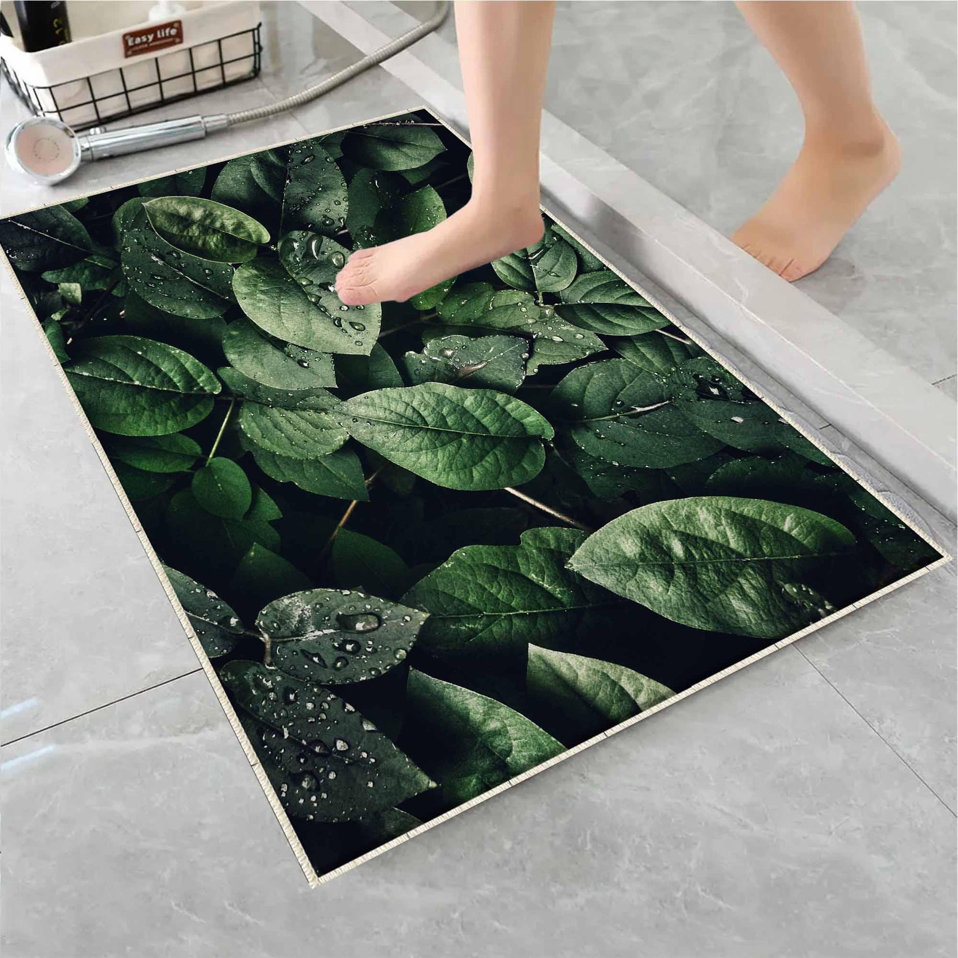 Green Tropical Leaves Floral Bathroom Rug - Modern Non Slip Bath Mat, Quick Dry Washable Toilet Mat, Soft Modern Bathroom Decor