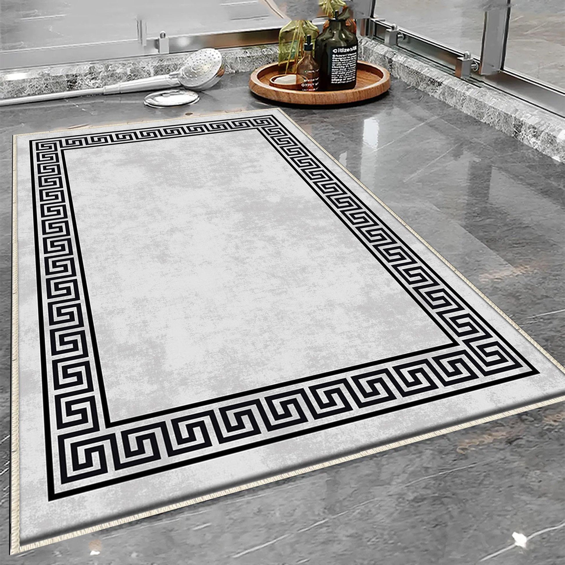 Gray White Black Greek Key Bathroom Rug - Geometric Non Slip Bath Mat, Quick Dry Washable Toilet Mat, Soft Modern Floral Bathroom Decor