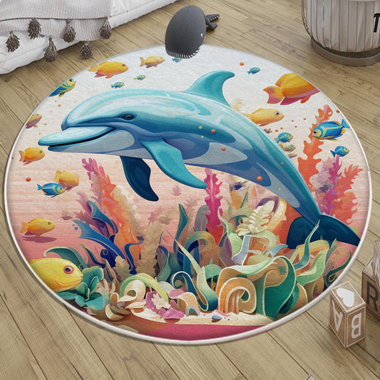 Round Colorful Under Sea Dolphin Fish Nursery Room Rug, Cute Pink Rug Gift For Kids, Baby Room Gift, Kids Room Decor with pillow case gift