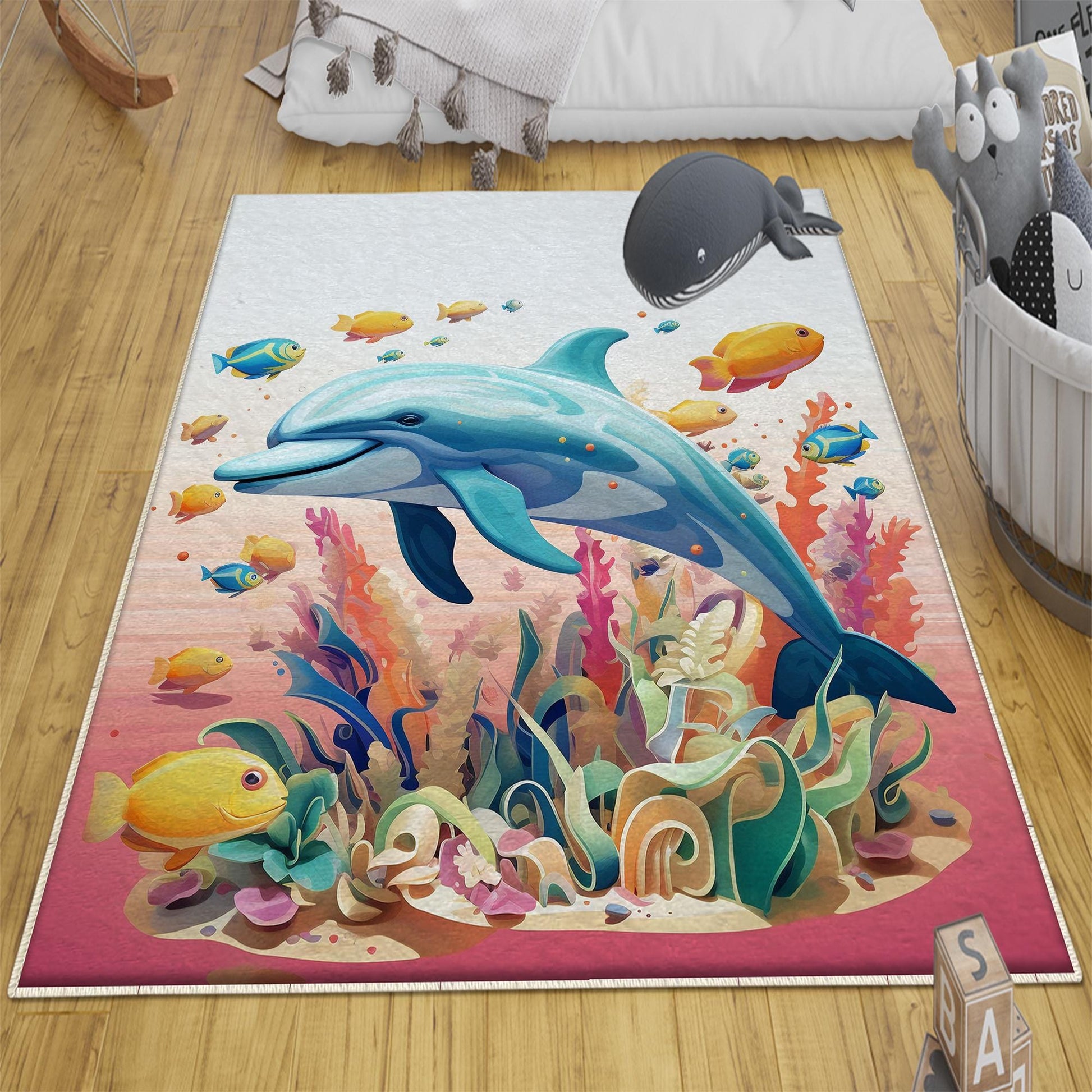 Round Colorful Under Sea Dolphin Fish Nursery Room Rug, Cute Pink Rug Gift For Kids, Baby Room Gift, Kids Room Decor with pillow case gift