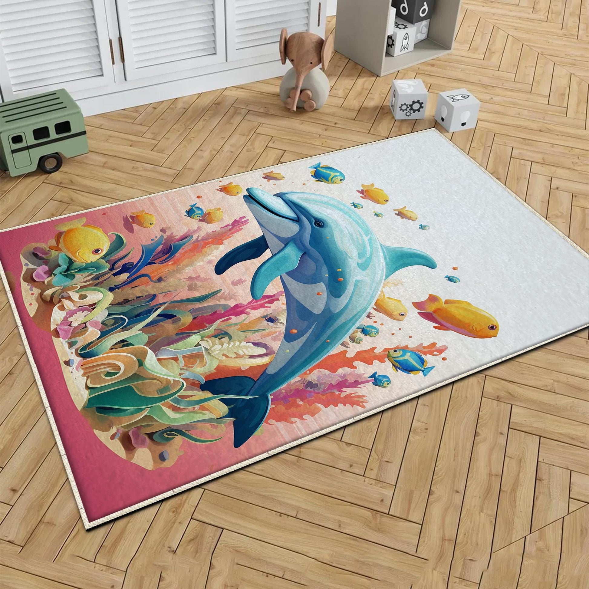 Round Colorful Under Sea Dolphin Fish Nursery Room Rug, Cute Pink Rug Gift For Kids, Baby Room Gift, Kids Room Decor with pillow case gift