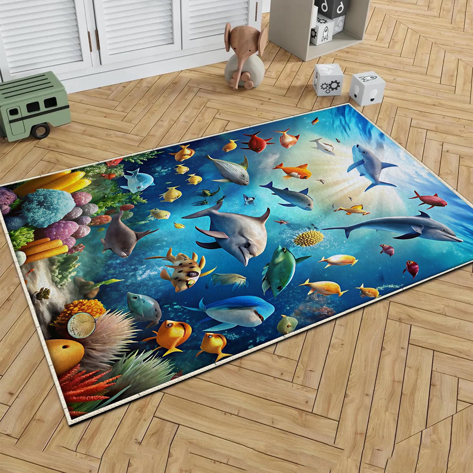 Round Under Sea Fishes Aquarium Nursery Room Rug, Cute Rug Gift For Kids, Baby Room Gift, Kids Room Decor with pillow case gift
