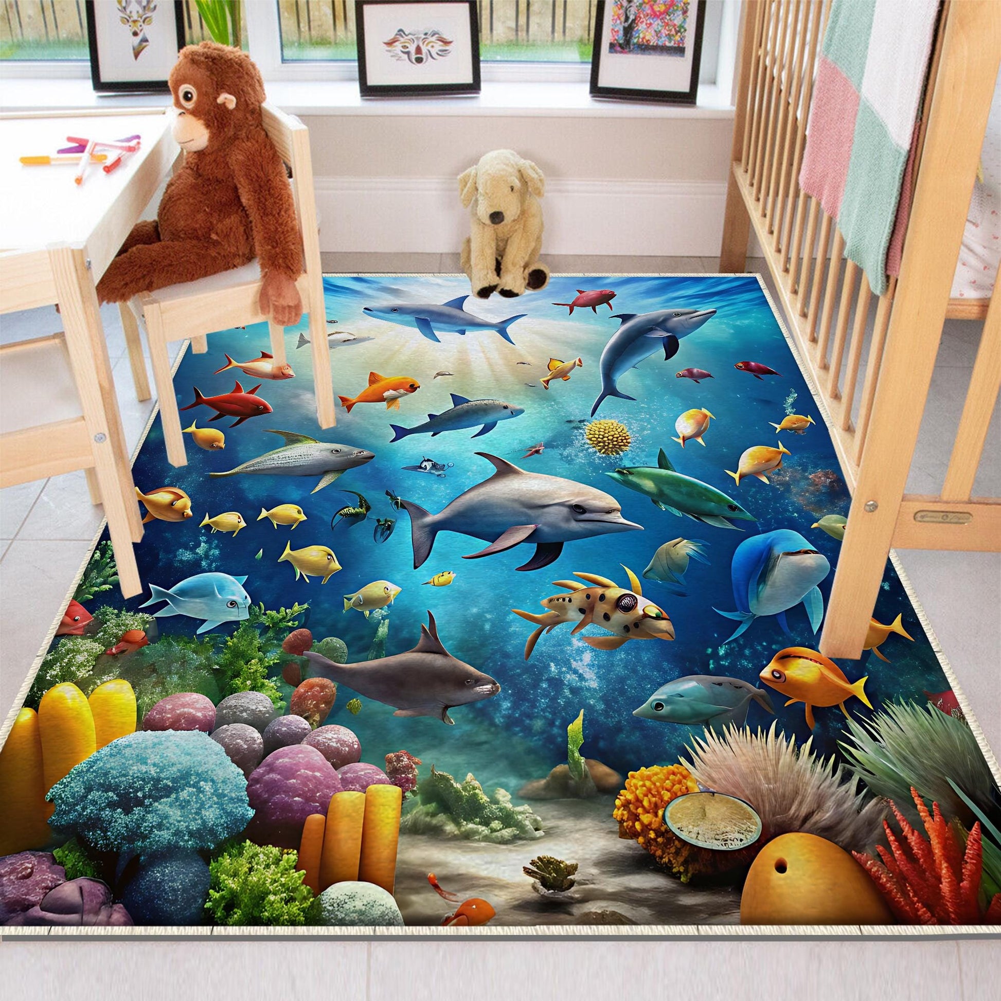 Round Under Sea Fishes Aquarium Nursery Room Rug, Cute Rug Gift For Kids, Baby Room Gift, Kids Room Decor with pillow case gift