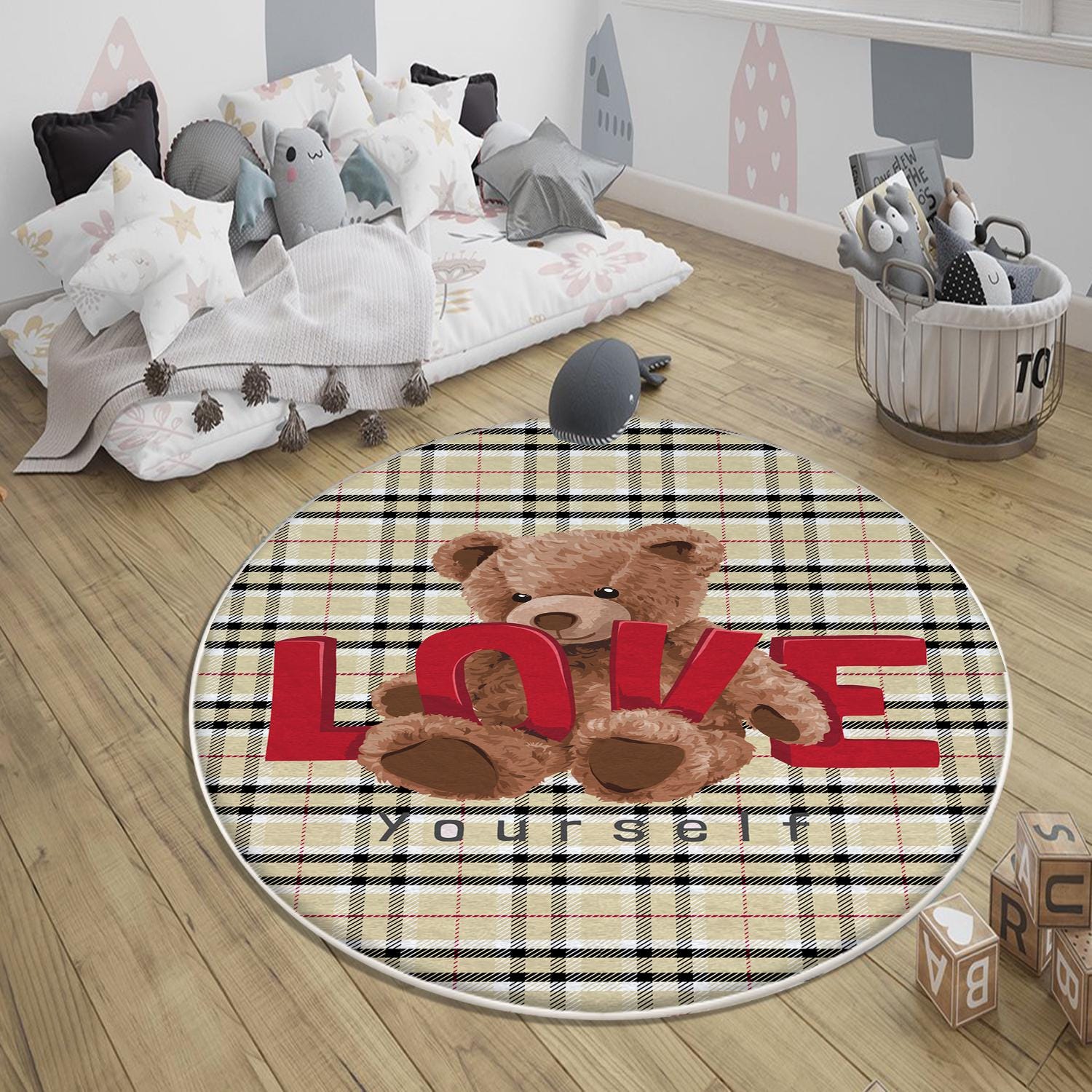 Round Cute Bear Nursery Room Rug, Cute Rug Gift For Kids, Baby Room Gift, Kids Room Decor with pillow case gift