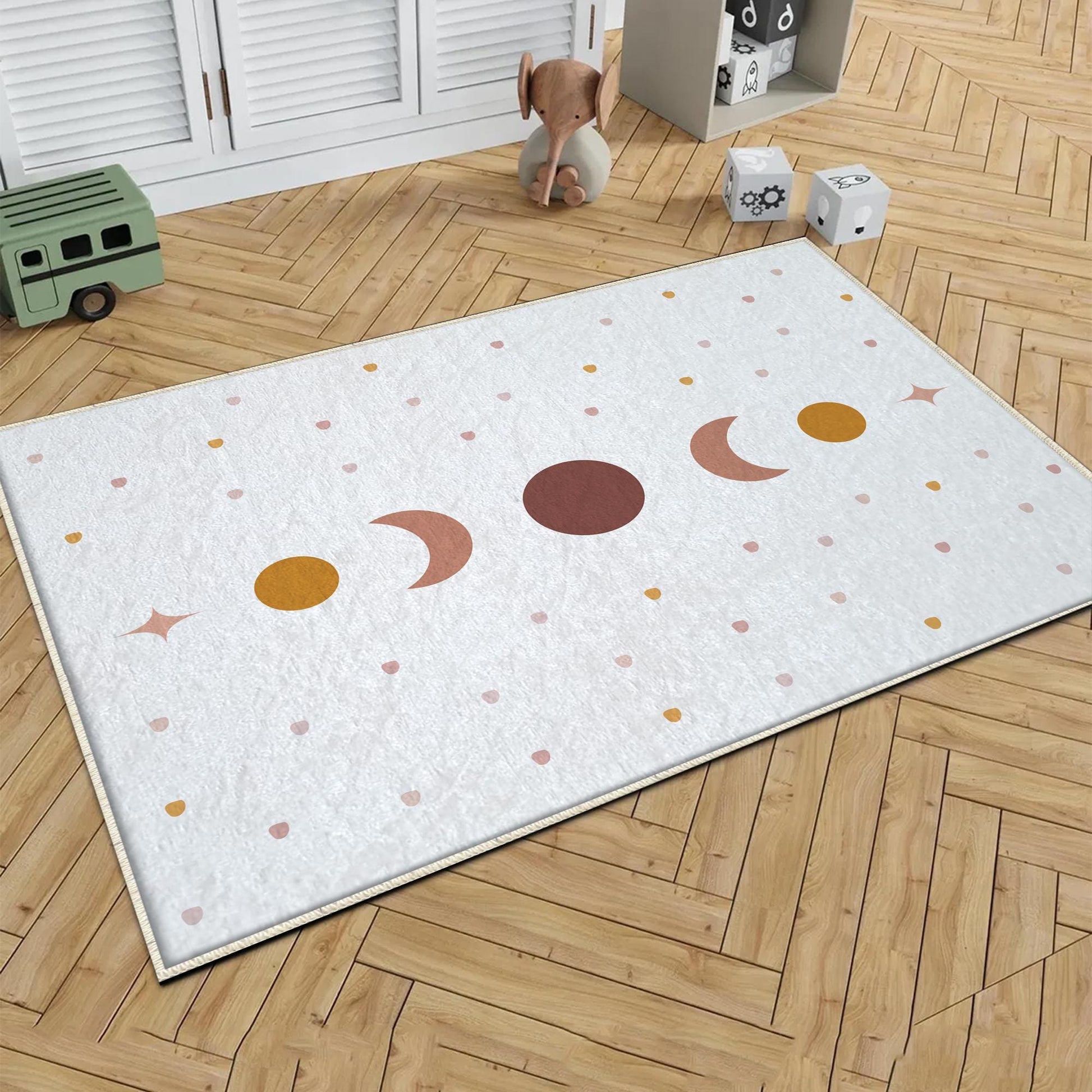 Round Mystic Moon Stars Boho Kids Nursery Room Rug, Cute Rug Gift For Kids, Baby Room Gift, Kids Room Decor with pillow case gift