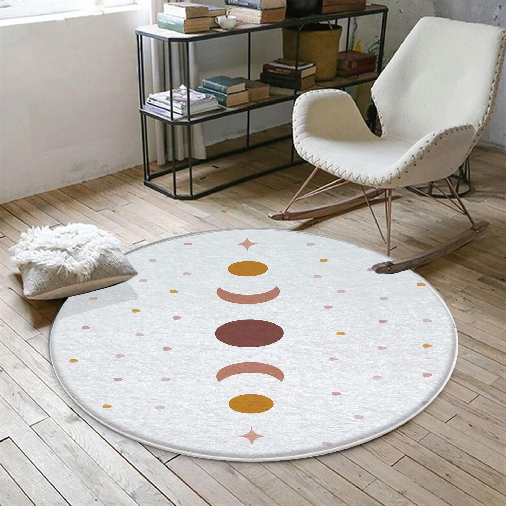 Round Mystic Moon Stars Boho Kids Nursery Room Rug, Cute Rug Gift For Kids, Baby Room Gift, Kids Room Decor with pillow case gift