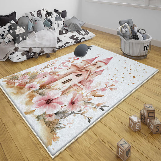 Medieval Castle Floral Nursery Room Rug, Cute Girl Rug Gift For Kids, Baby Shower Rug, Baby Gift, Nursery Decor with pillow case gift