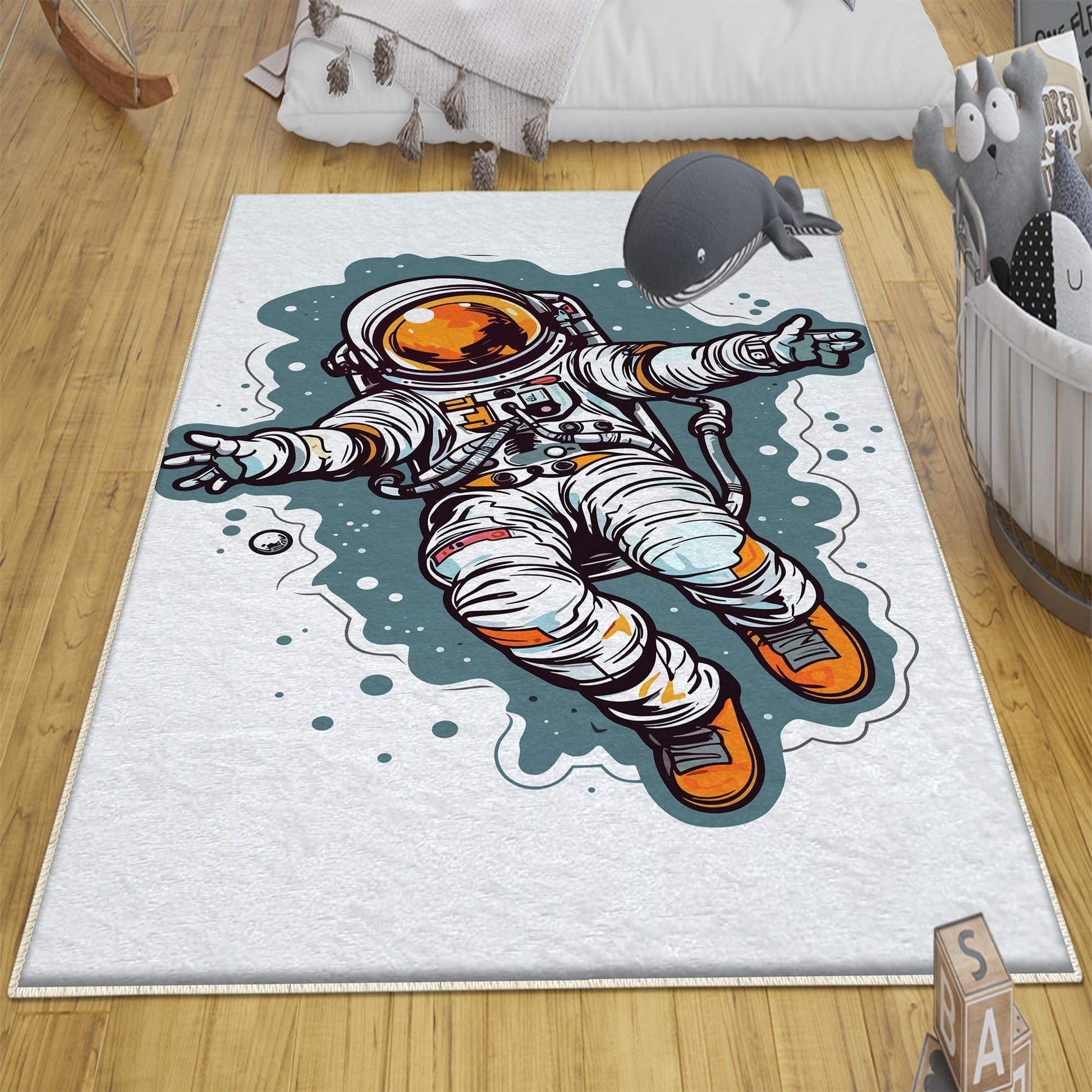 Round Space Themed Astronaut Kids Nursery Room Rug, Cute Rug Gift For Kids, Baby Room Gift, Kids Room Decor with pillow case gift