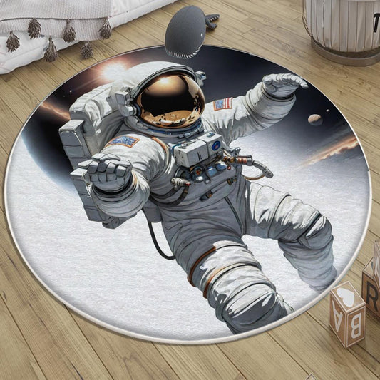 Round Space Themed Astronaut Kids Nursery Room Rug, Cute Rug Gift For Kids, Baby Room Gift, Kids Room Decor with pillow case gift