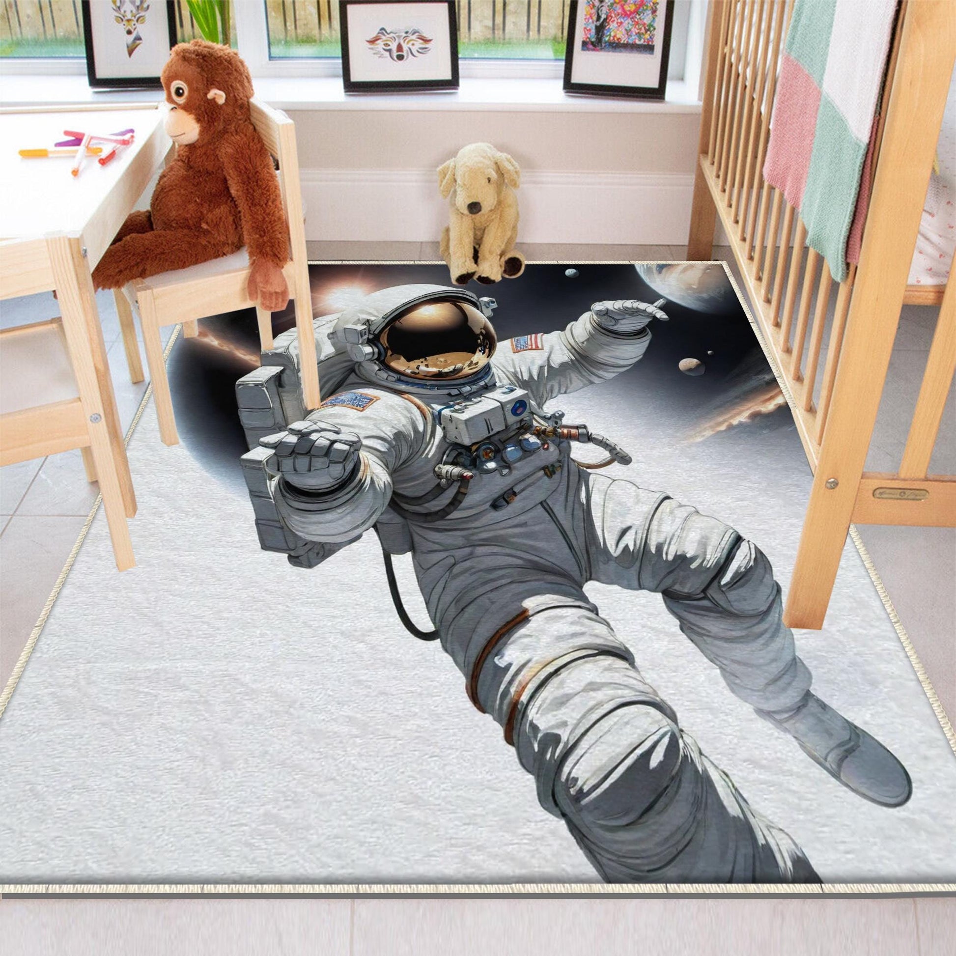 Round Space Themed Astronaut Kids Nursery Room Rug, Cute Rug Gift For Kids, Baby Room Gift, Kids Room Decor with pillow case gift