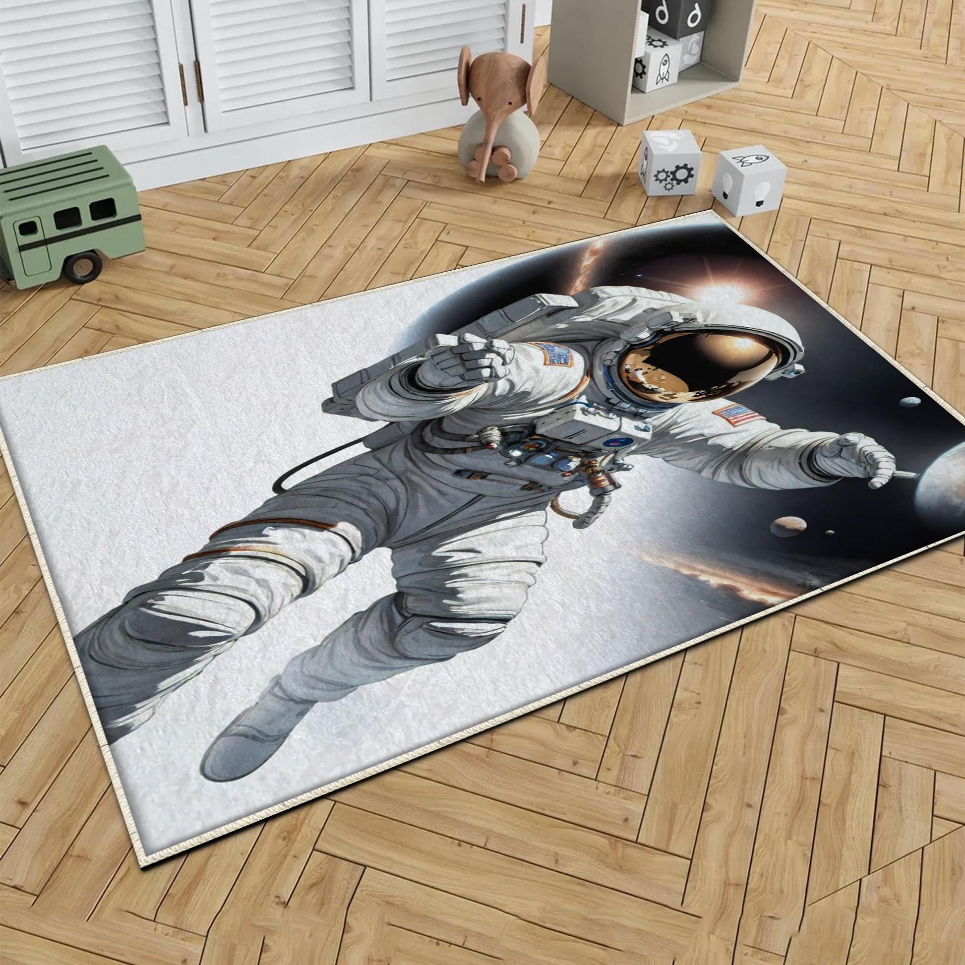 Round Space Themed Astronaut Kids Nursery Room Rug, Cute Rug Gift For Kids, Baby Room Gift, Kids Room Decor with pillow case gift