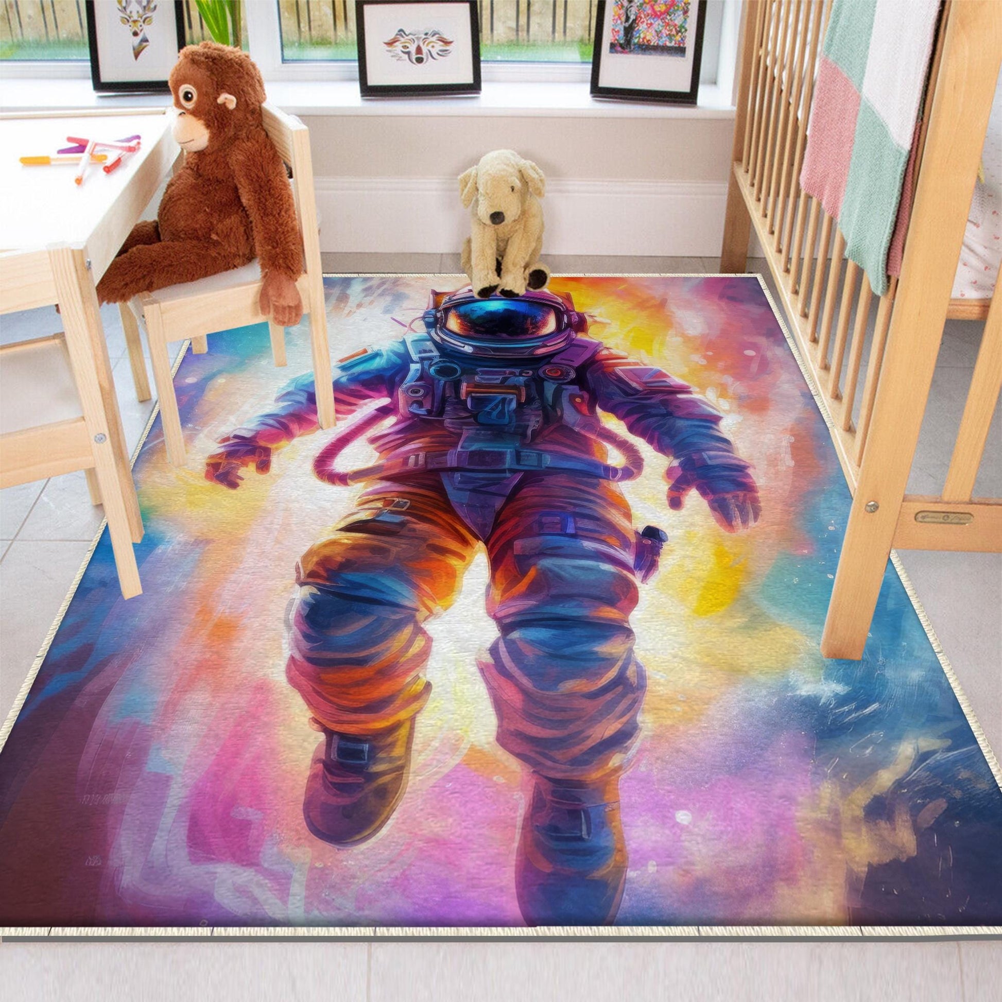 Round Colorful Space Themed Astronaut Kids Nursery Room Rug, Cute Rug Gift For Kids, Baby Room Gift, Kids Room Decor with pillow case gift
