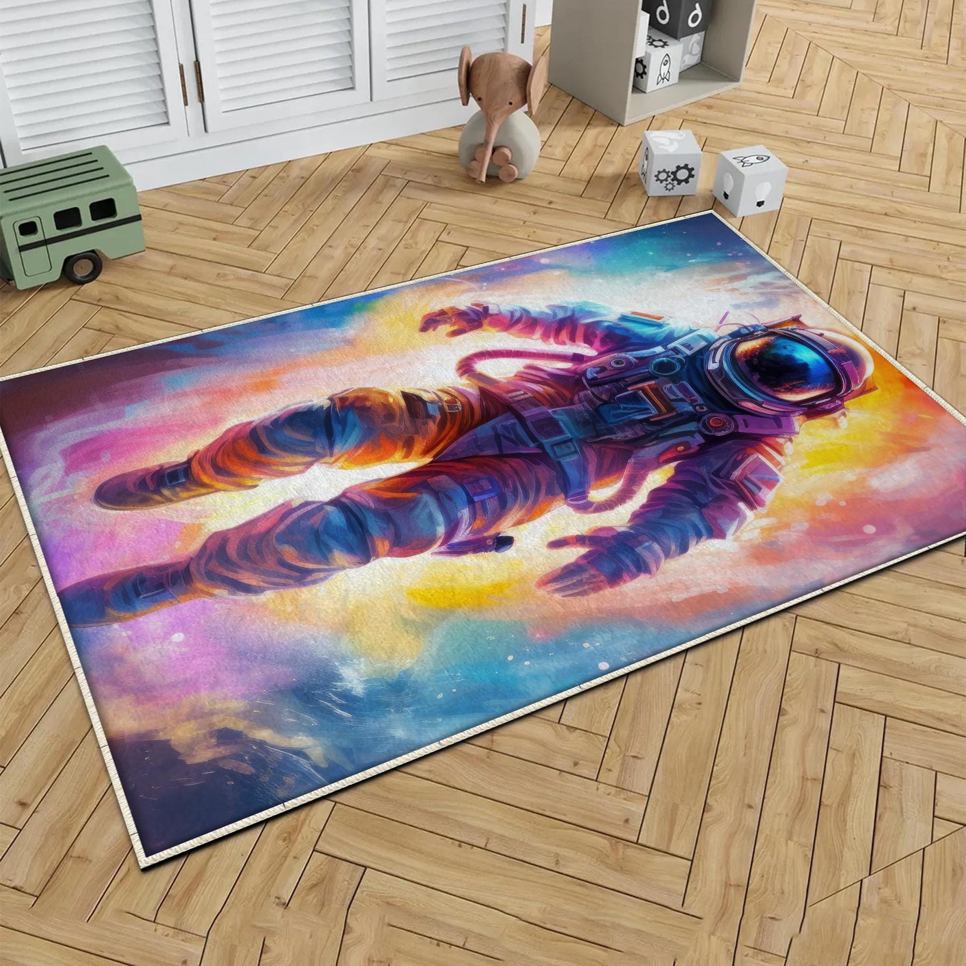 Round Colorful Space Themed Astronaut Kids Nursery Room Rug, Cute Rug Gift For Kids, Baby Room Gift, Kids Room Decor with pillow case gift