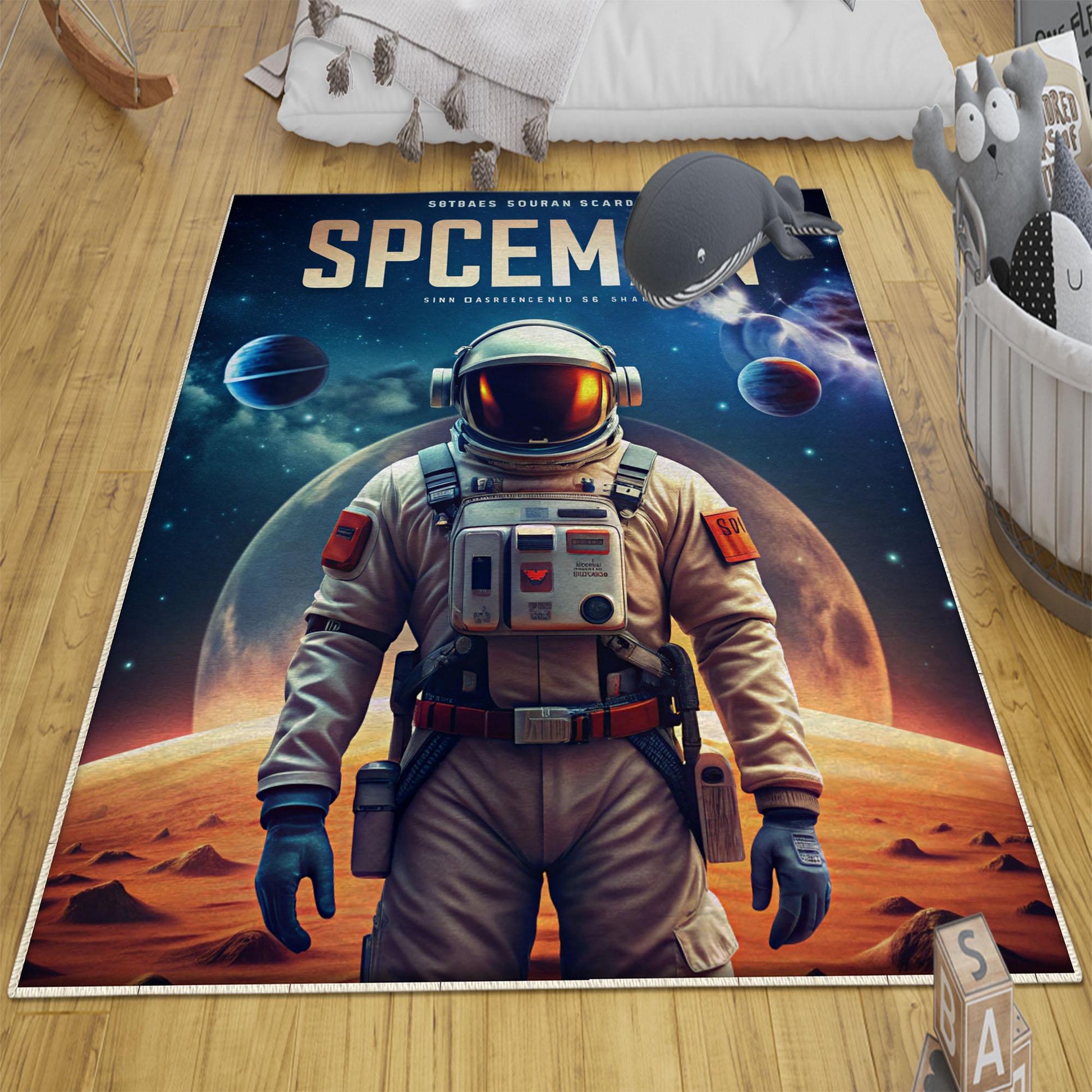 Round Space Man Themed Astronaut Kids Nursery Room Rug, Cute Rug Gift For Kids, Baby Room Gift, Kids Room Decor with pillow case gift