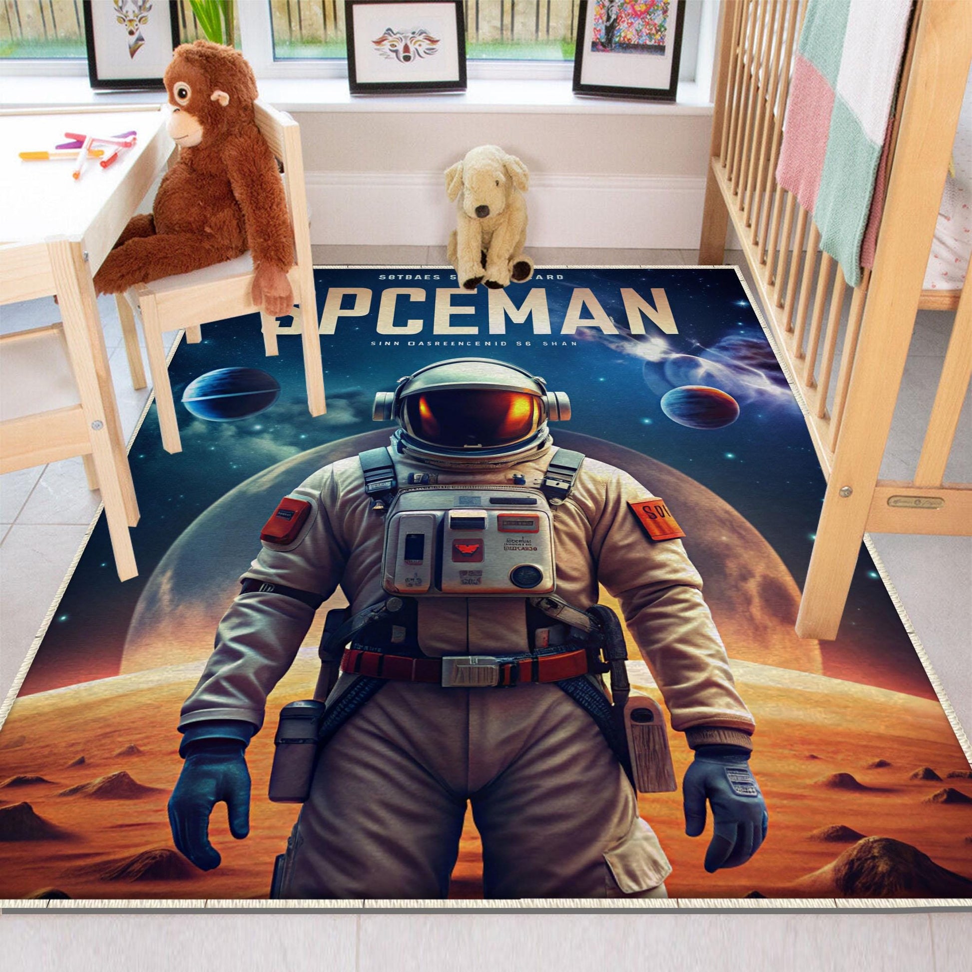 Round Space Man Themed Astronaut Kids Nursery Room Rug, Cute Rug Gift For Kids, Baby Room Gift, Kids Room Decor with pillow case gift