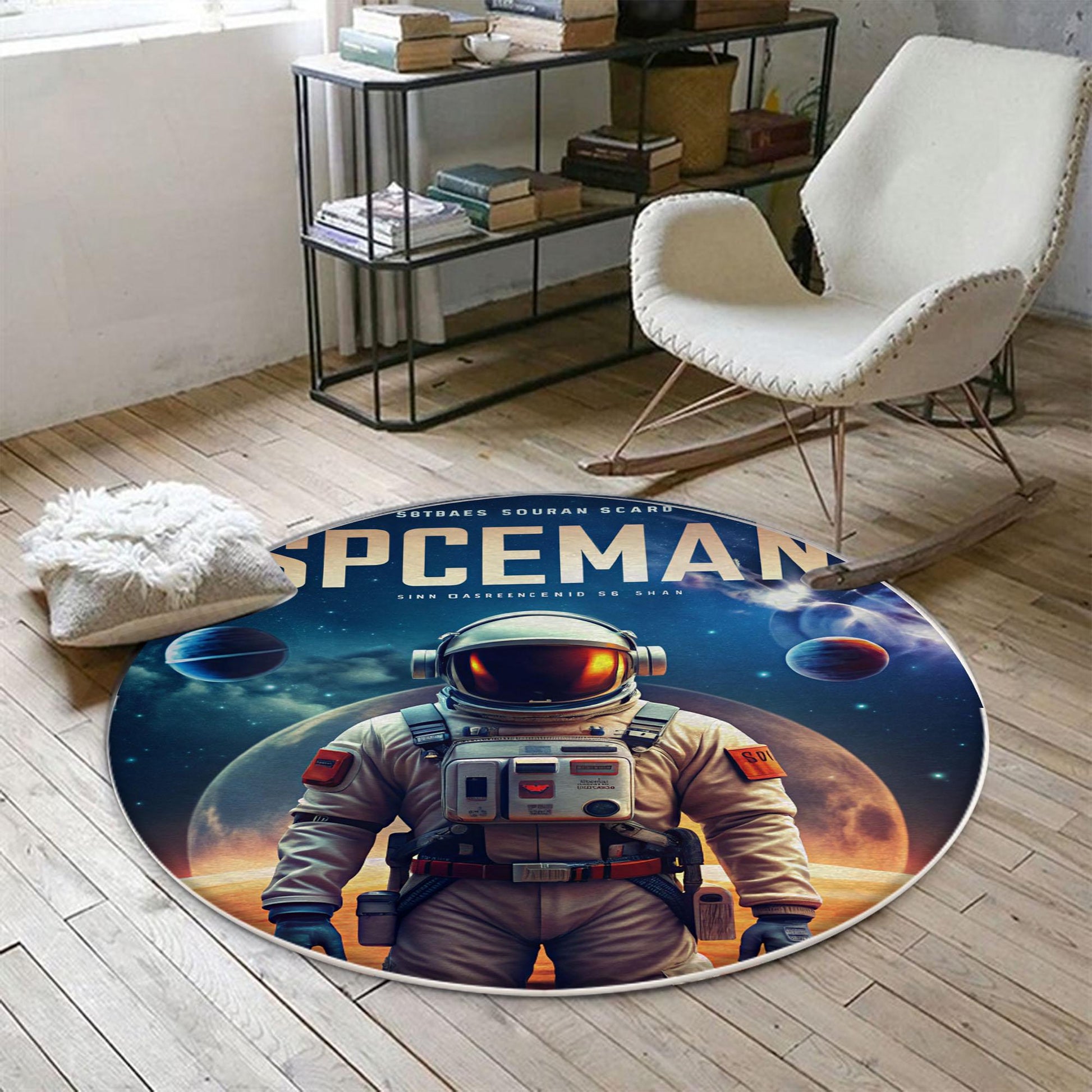Round Space Man Themed Astronaut Kids Nursery Room Rug, Cute Rug Gift For Kids, Baby Room Gift, Kids Room Decor with pillow case gift