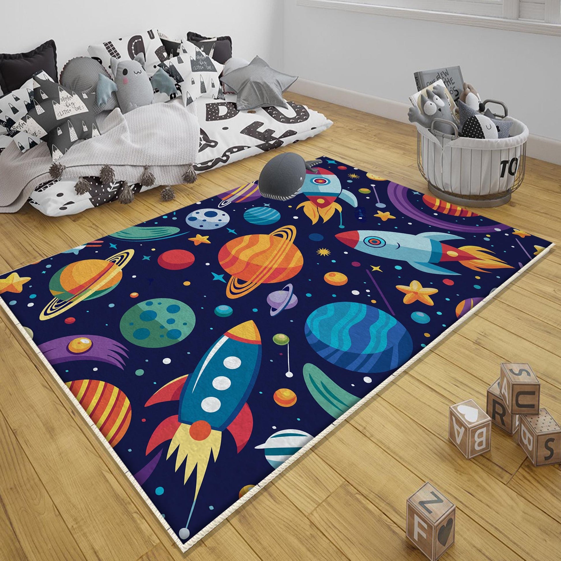 Round Space Planets Kids Nursery Room Rug, Cute Washable Non-Slip Rug Gift For Kids, Baby Room Gift, Kids Room Decor with pillow case gift