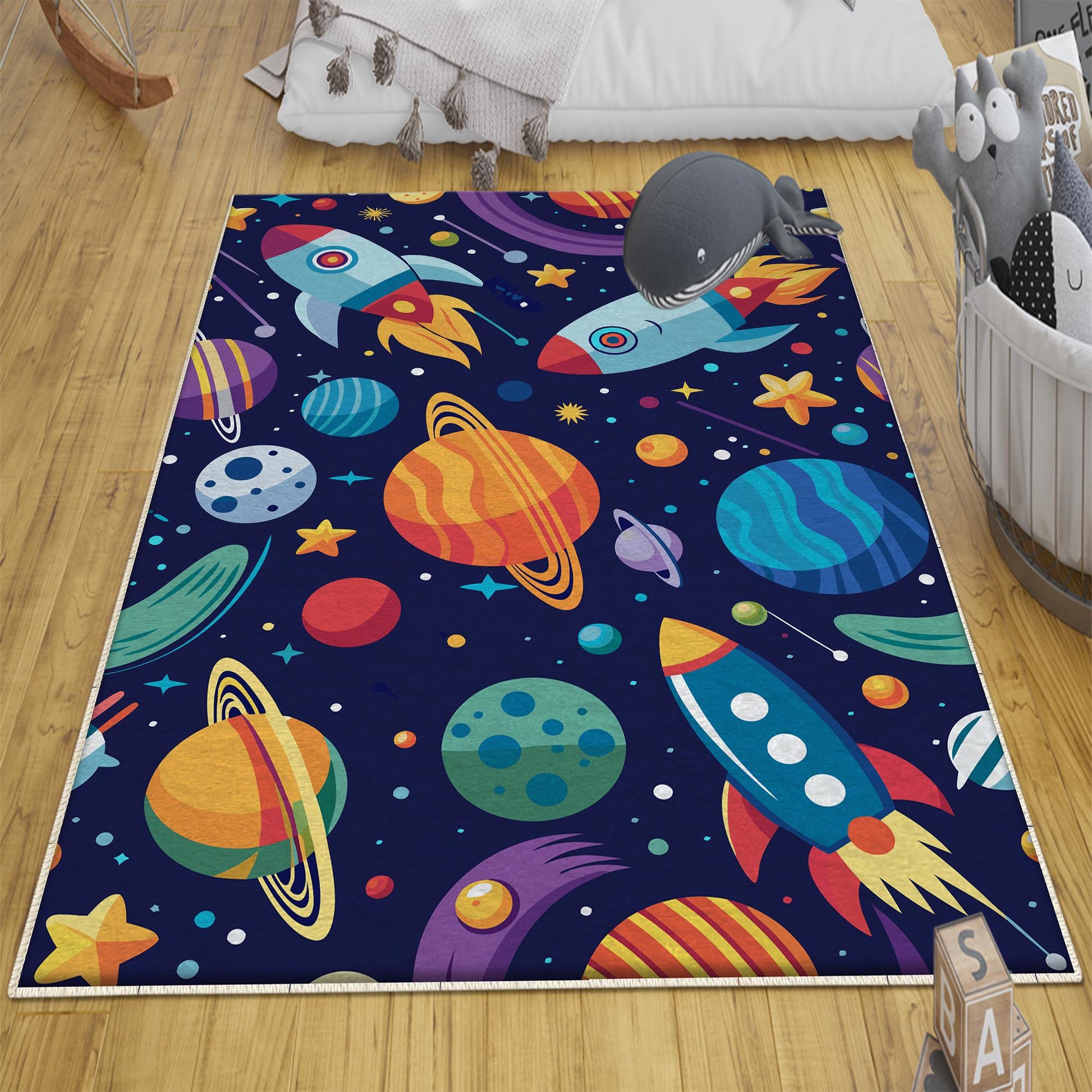 Round Space Planets Kids Nursery Room Rug, Cute Washable Non-Slip Rug Gift For Kids, Baby Room Gift, Kids Room Decor with pillow case gift