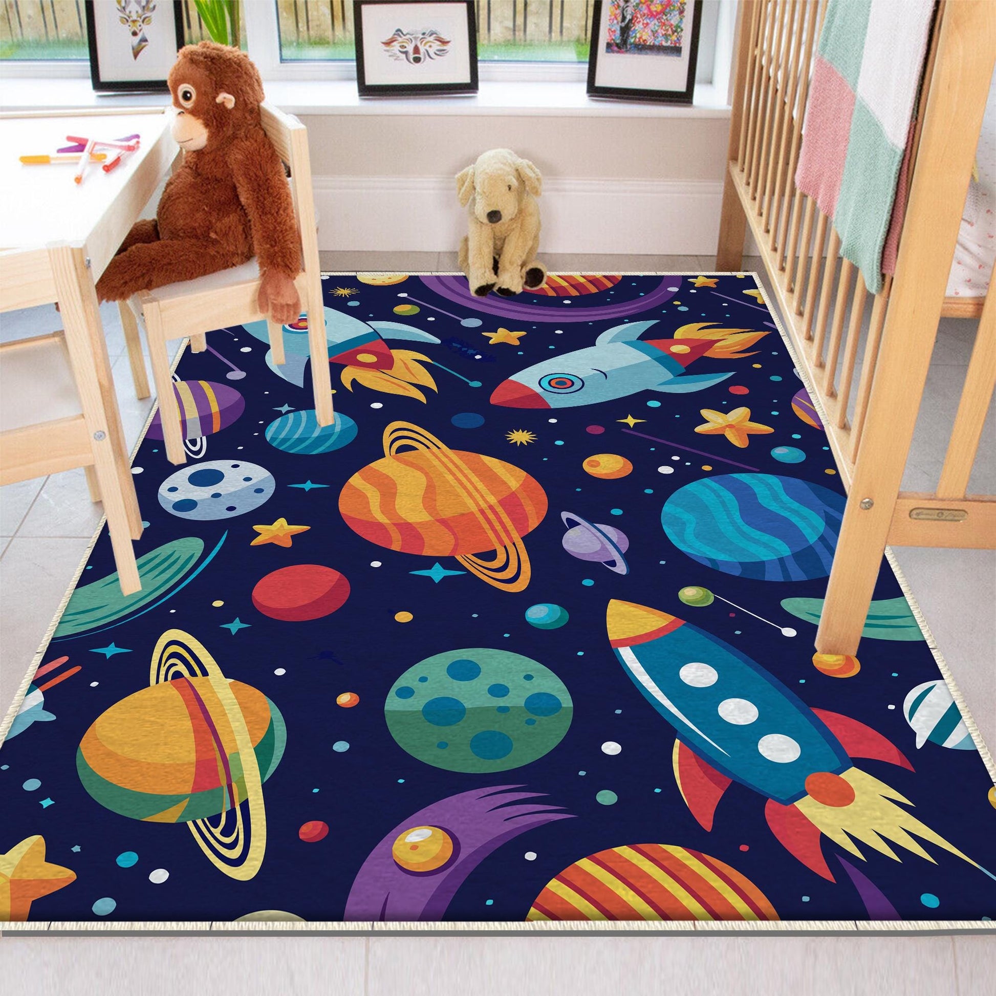 Round Space Planets Kids Nursery Room Rug, Cute Washable Non-Slip Rug Gift For Kids, Baby Room Gift, Kids Room Decor with pillow case gift