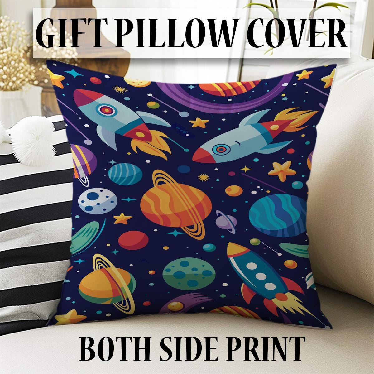 Round Space Planets Kids Nursery Room Rug, Cute Washable Non-Slip Rug Gift For Kids, Baby Room Gift, Kids Room Decor with pillow case gift