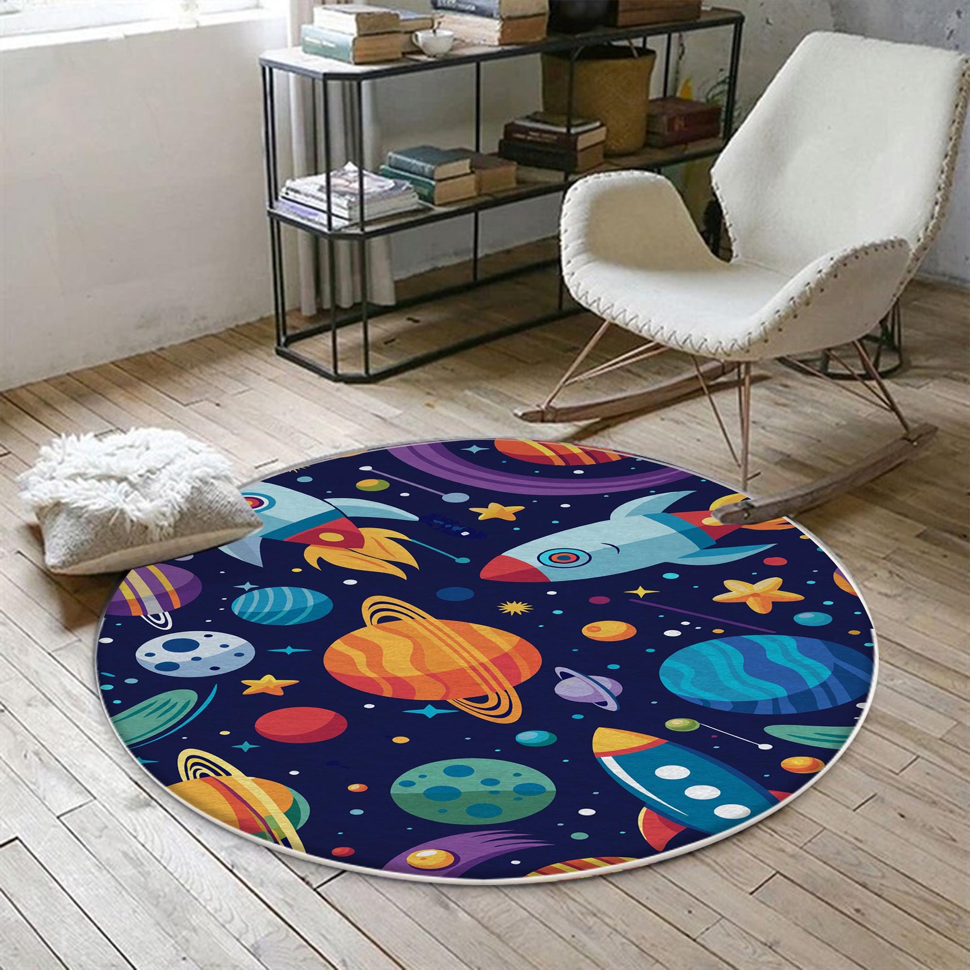Round Space Planets Kids Nursery Room Rug, Cute Washable Non-Slip Rug Gift For Kids, Baby Room Gift, Kids Room Decor with pillow case gift