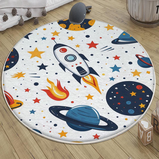 Round Galaxy Space Planets Kids Nursery Room Rug, Washable Non-Slip Rug Gift For Kids, Baby Room Gift, Kids Room Decor with pillow case gift