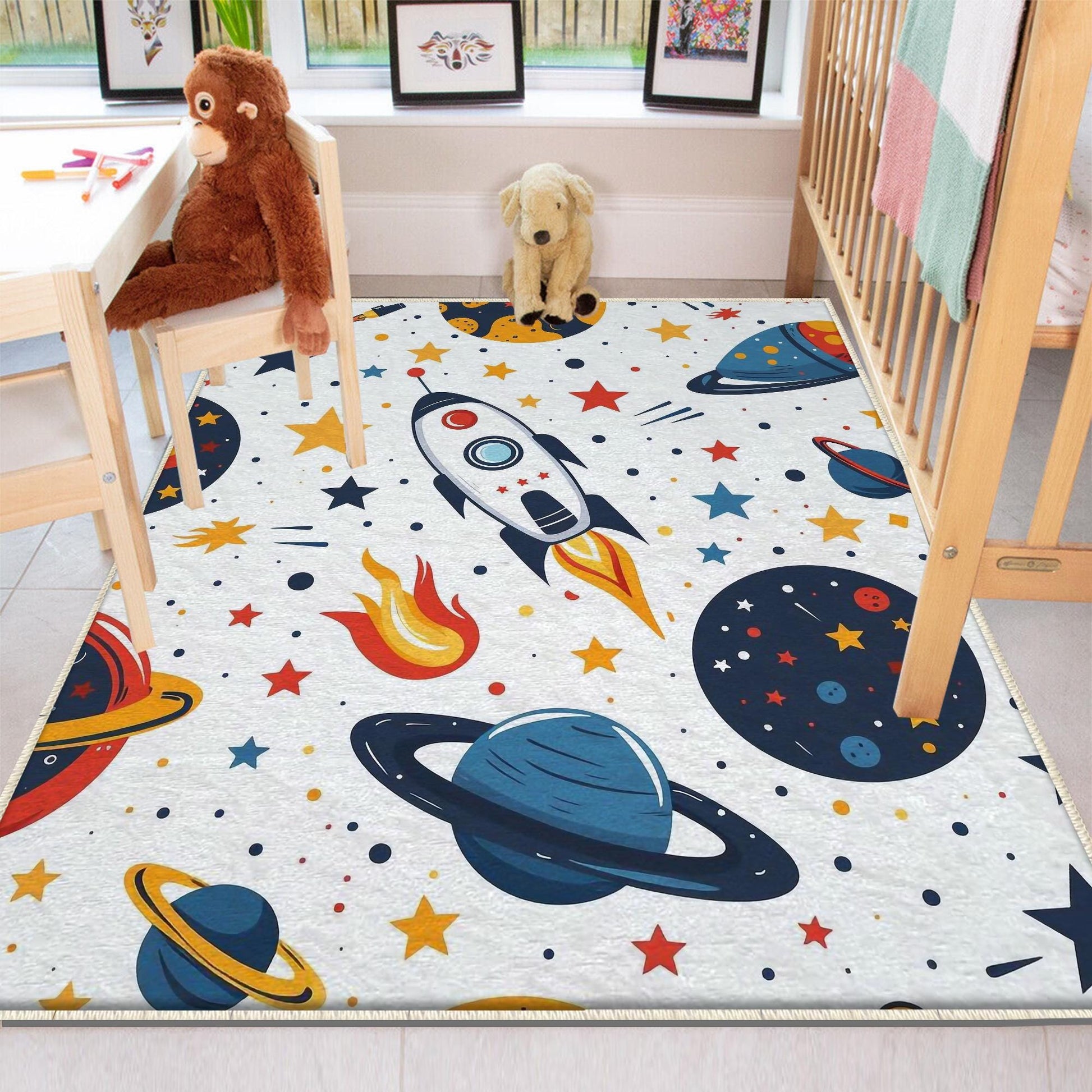 Round Galaxy Space Planets Kids Nursery Room Rug, Washable Non-Slip Rug Gift For Kids, Baby Room Gift, Kids Room Decor with pillow case gift