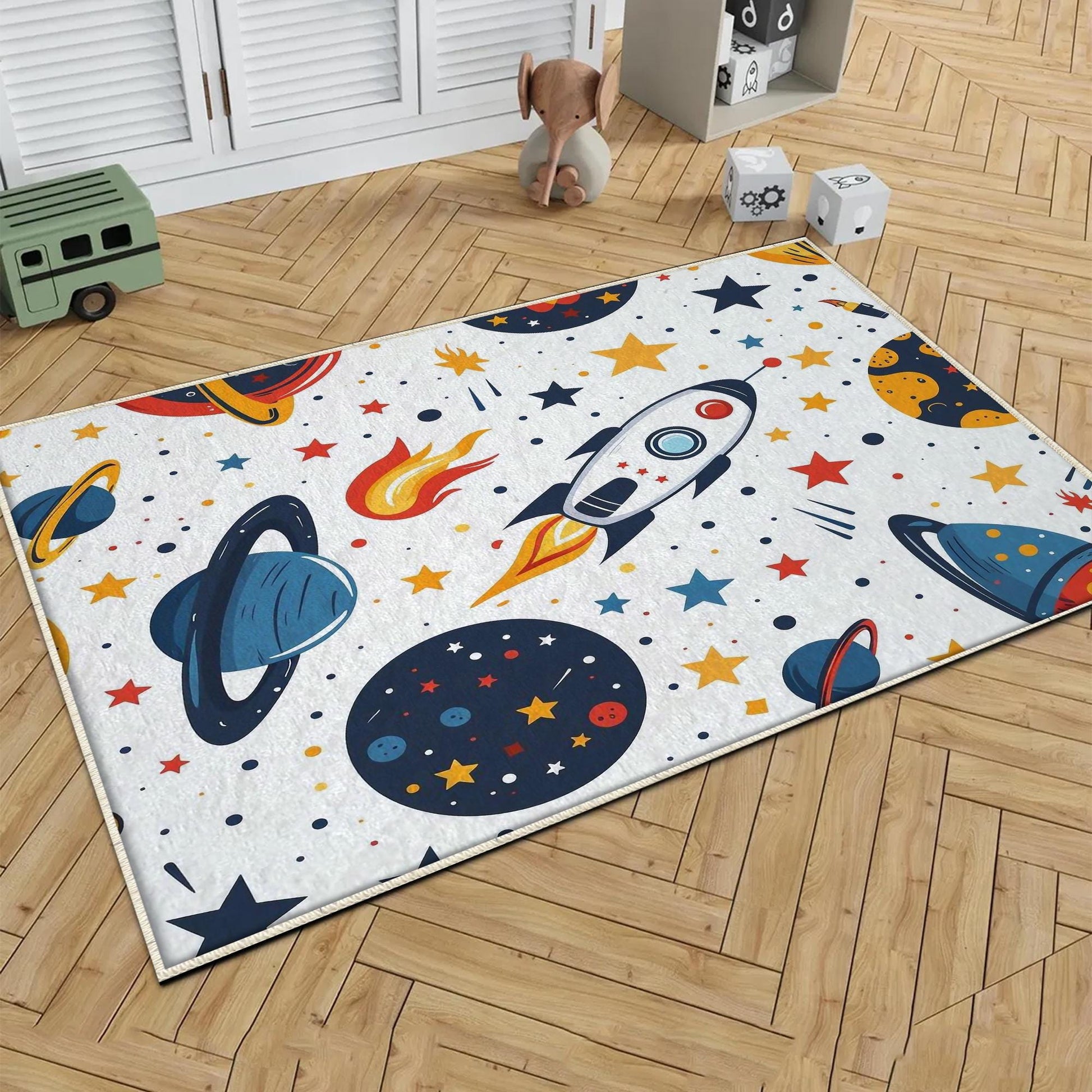 Round Galaxy Space Planets Kids Nursery Room Rug, Washable Non-Slip Rug Gift For Kids, Baby Room Gift, Kids Room Decor with pillow case gift