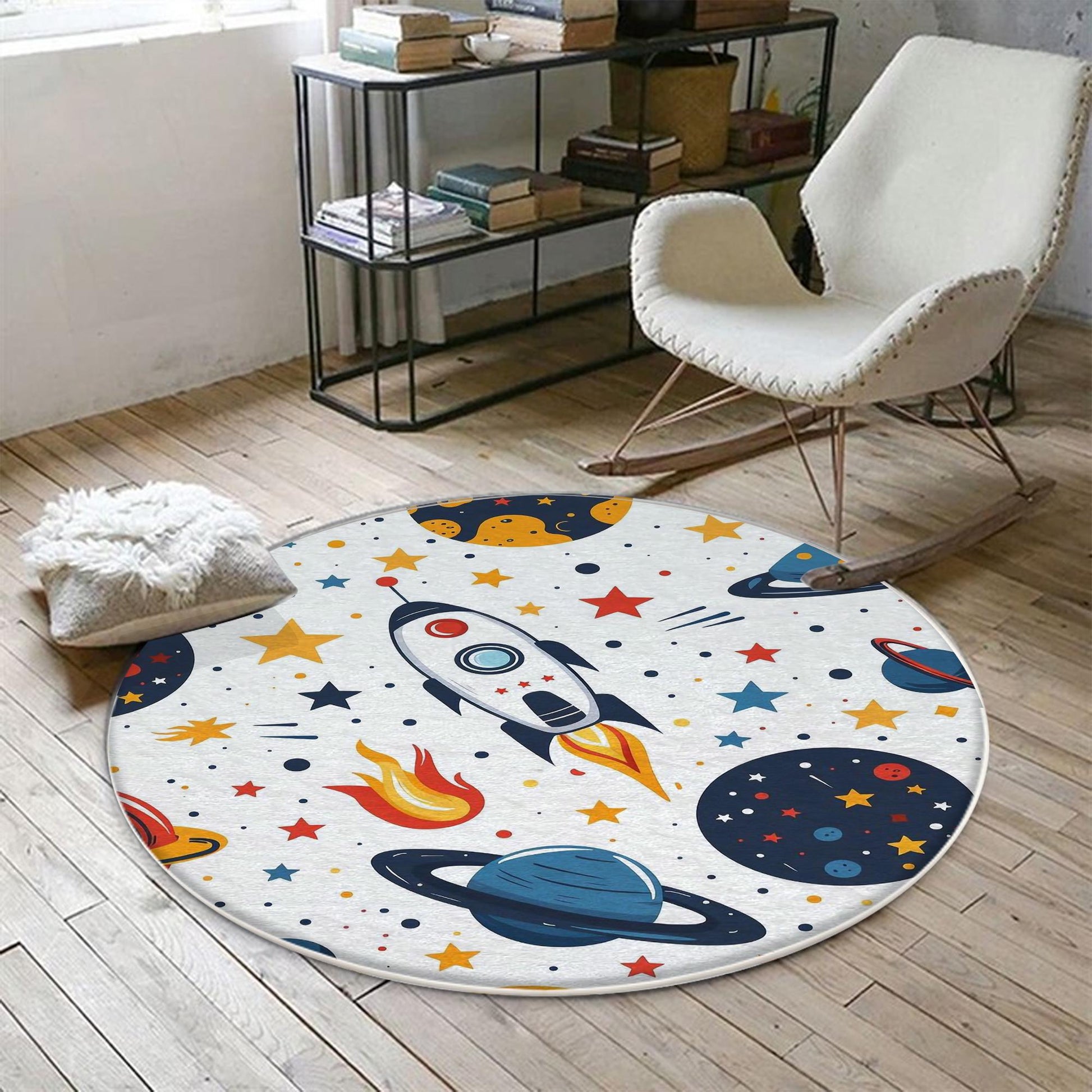 Round Galaxy Space Planets Kids Nursery Room Rug, Washable Non-Slip Rug Gift For Kids, Baby Room Gift, Kids Room Decor with pillow case gift