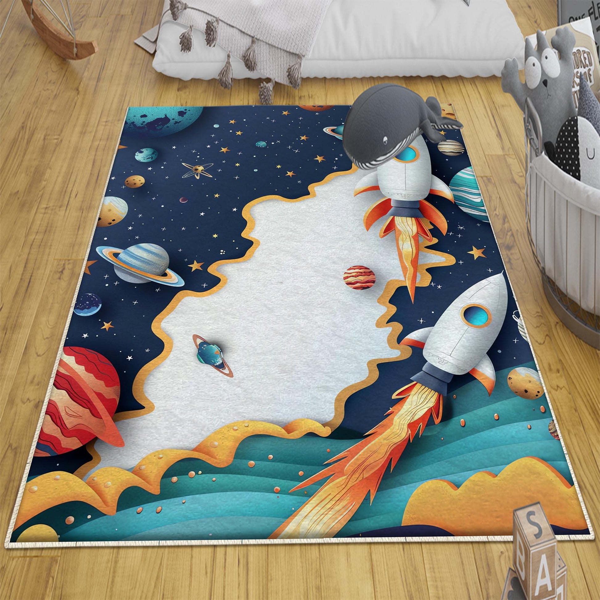 Round Galaxy Space Planets Kids Nursery Room Rug, Washable Non-Slip Rug Gift For Kids, Baby Room Gift, Kids Room Decor with pillow case gift