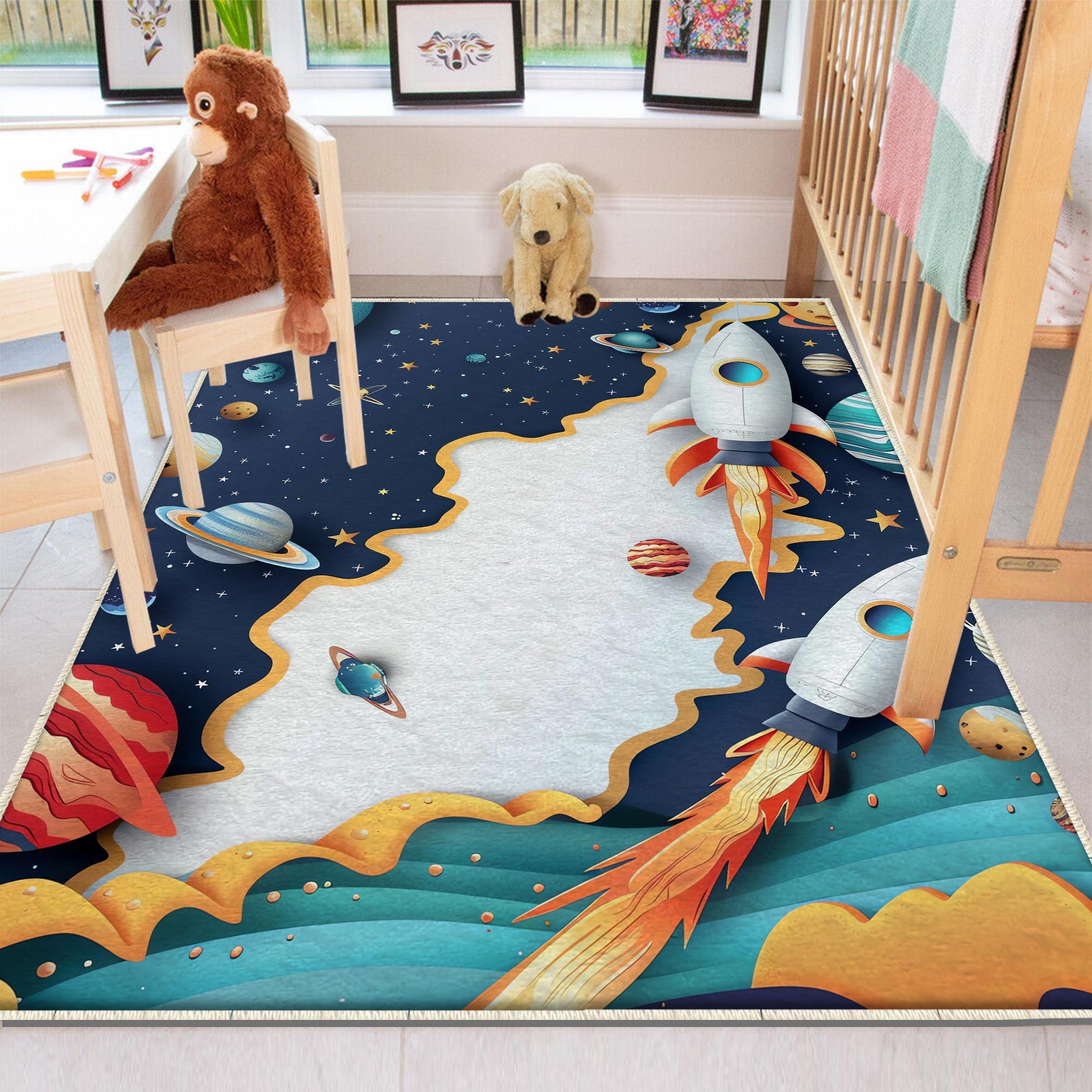 Round Galaxy Space Planets Kids Nursery Room Rug, Washable Non-Slip Rug Gift For Kids, Baby Room Gift, Kids Room Decor with pillow case gift