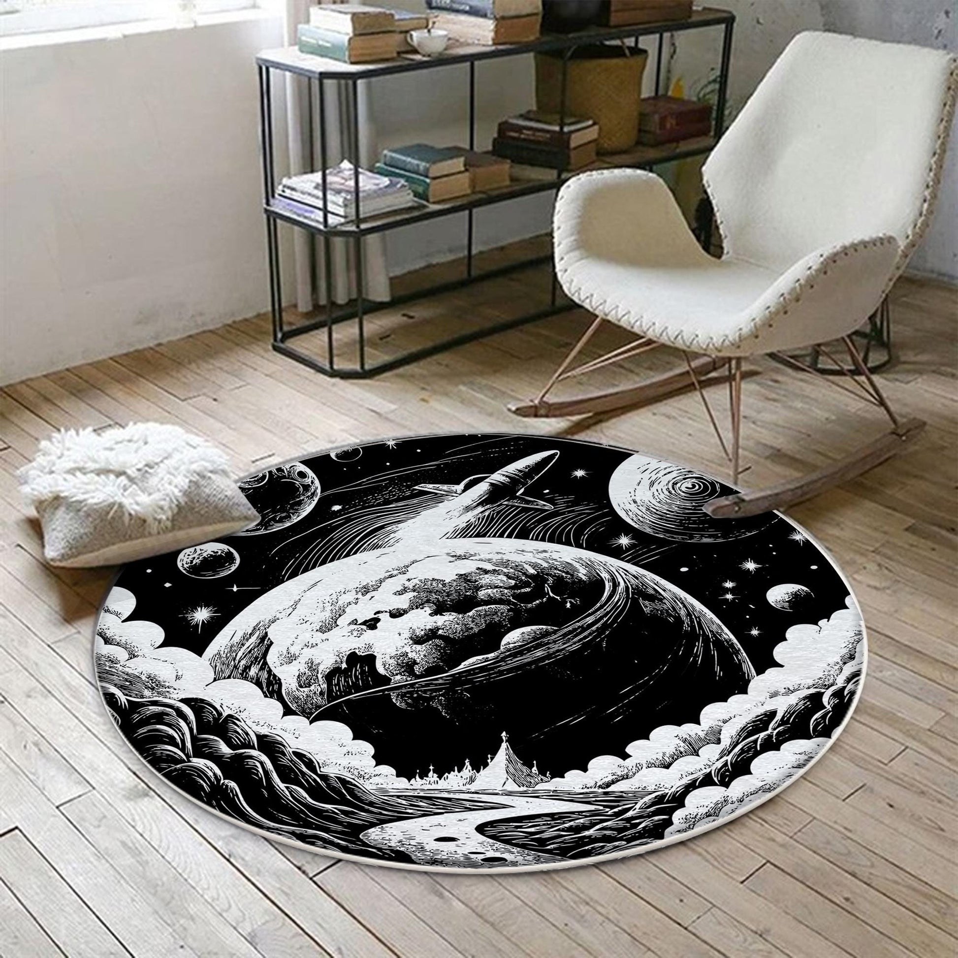 Round Black White Space Planets Moon Kids Nursery Room Rug, Washable Non-Slip Rug Gift For Kids, Baby Kids Room Decor with pillow case gift