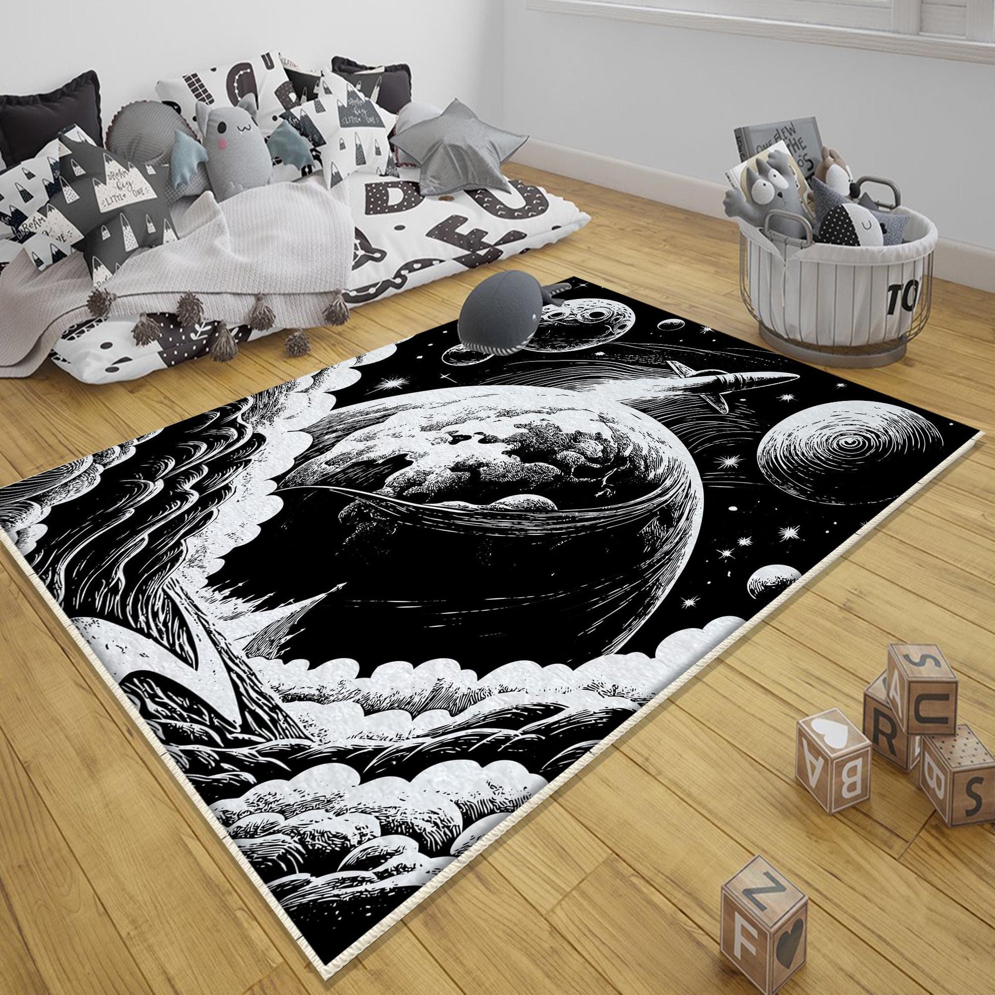 Round Black White Space Planets Moon Kids Nursery Room Rug, Washable Non-Slip Rug Gift For Kids, Baby Kids Room Decor with pillow case gift