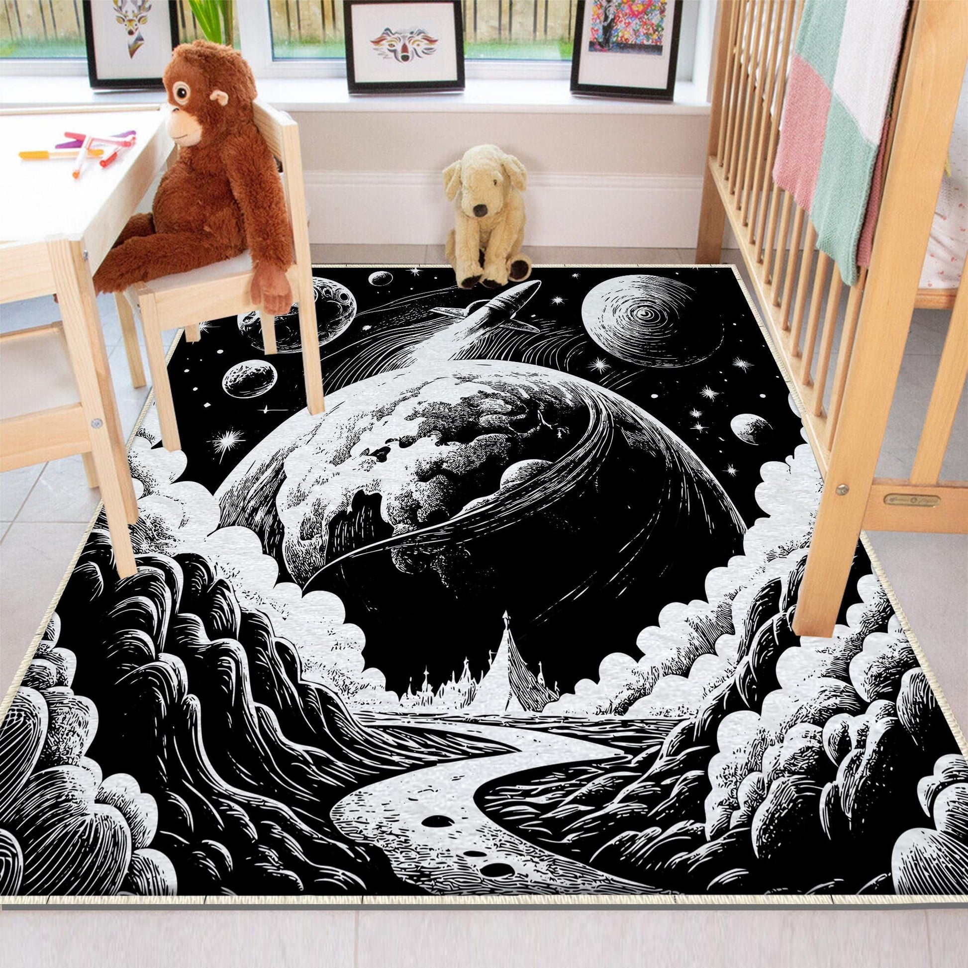 Round Black White Space Planets Moon Kids Nursery Room Rug, Washable Non-Slip Rug Gift For Kids, Baby Kids Room Decor with pillow case gift