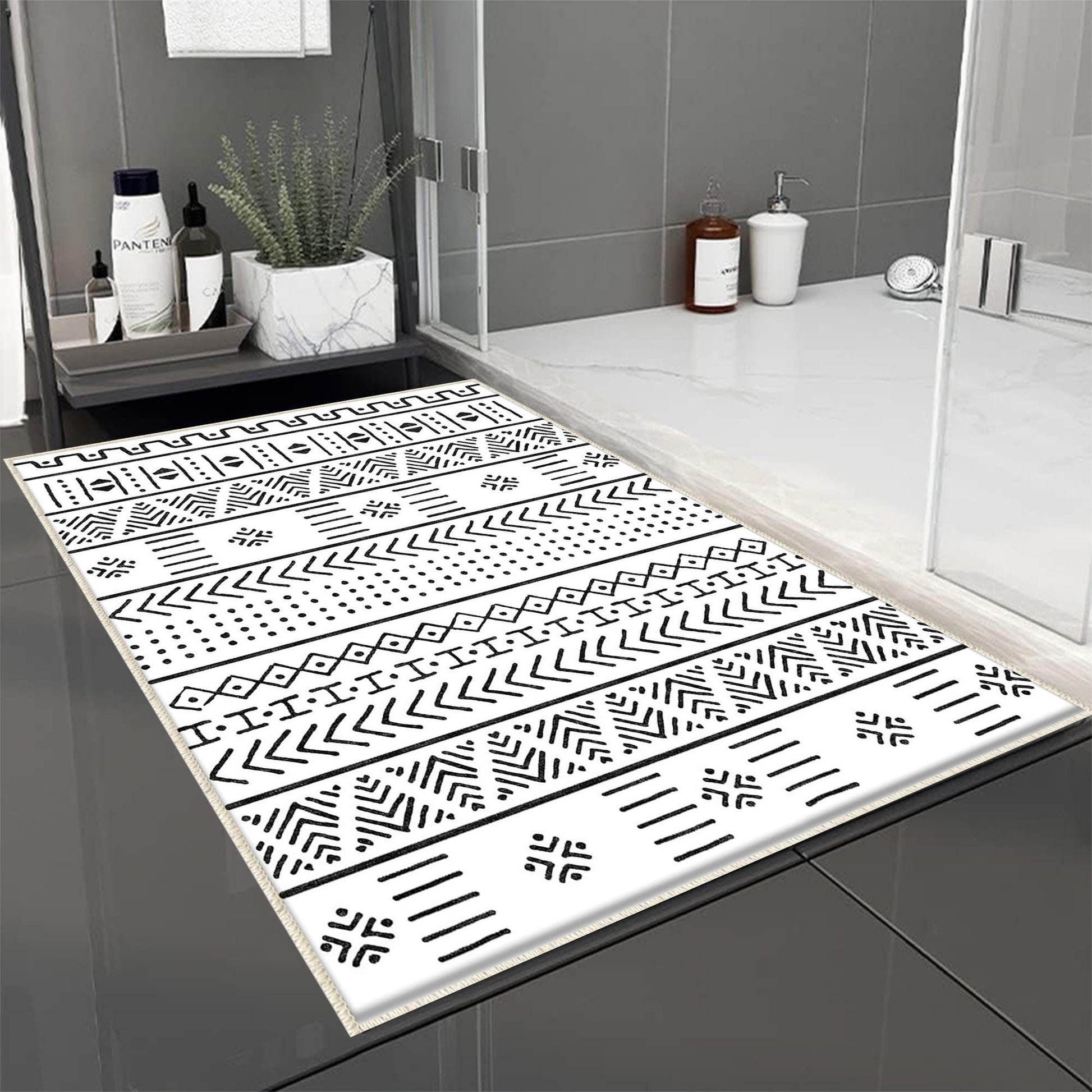 Black White Aztec Boho Bathroom Rug Non Slip Quick Dry Bath Mat - Tribal Bohemian Geometric Floral Toilet Mat, Soft Washable Modern Decor