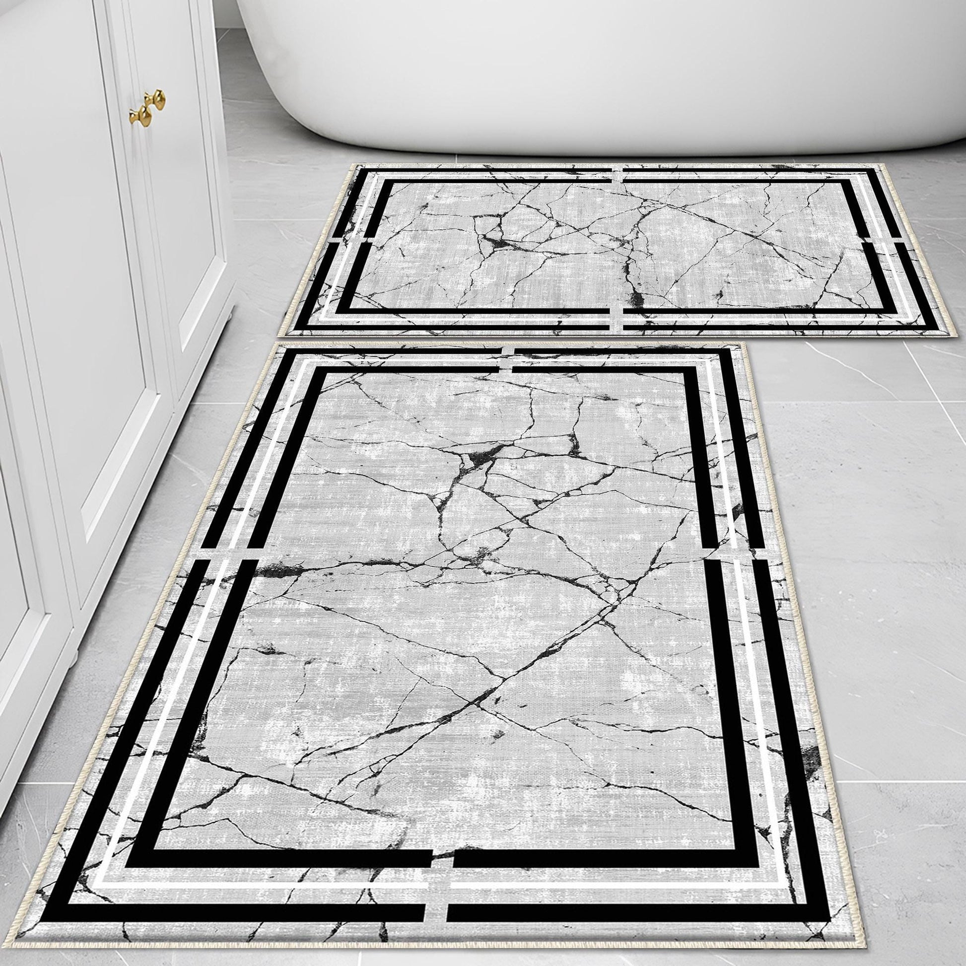 Gray White Black Marble Border Lines Bathroom Rug Non Slip Quick Dry Bath Mat - Geometric Toilet Mat, Soft Washable Modern Decor